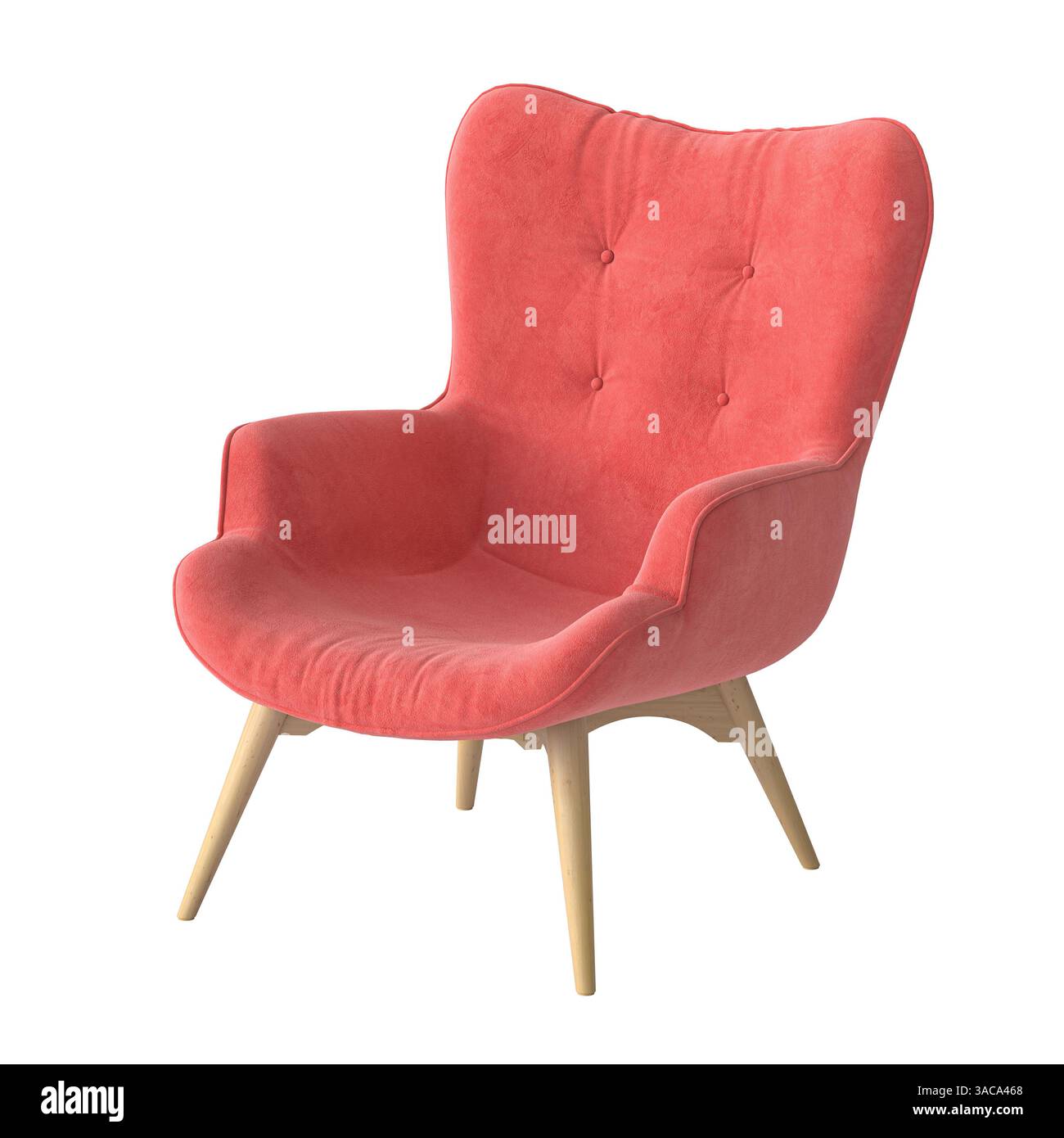 Comoda poltrona rosa corallo con gambe in legno isolate in 3d. Foto Stock