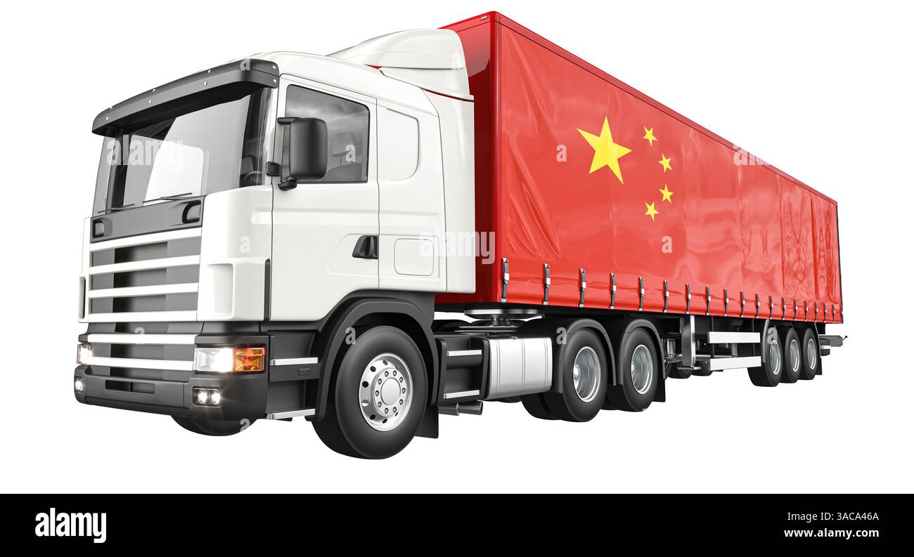 Semi-camion bianco con bandiera cina sfondo trasparente 3d. Foto Stock