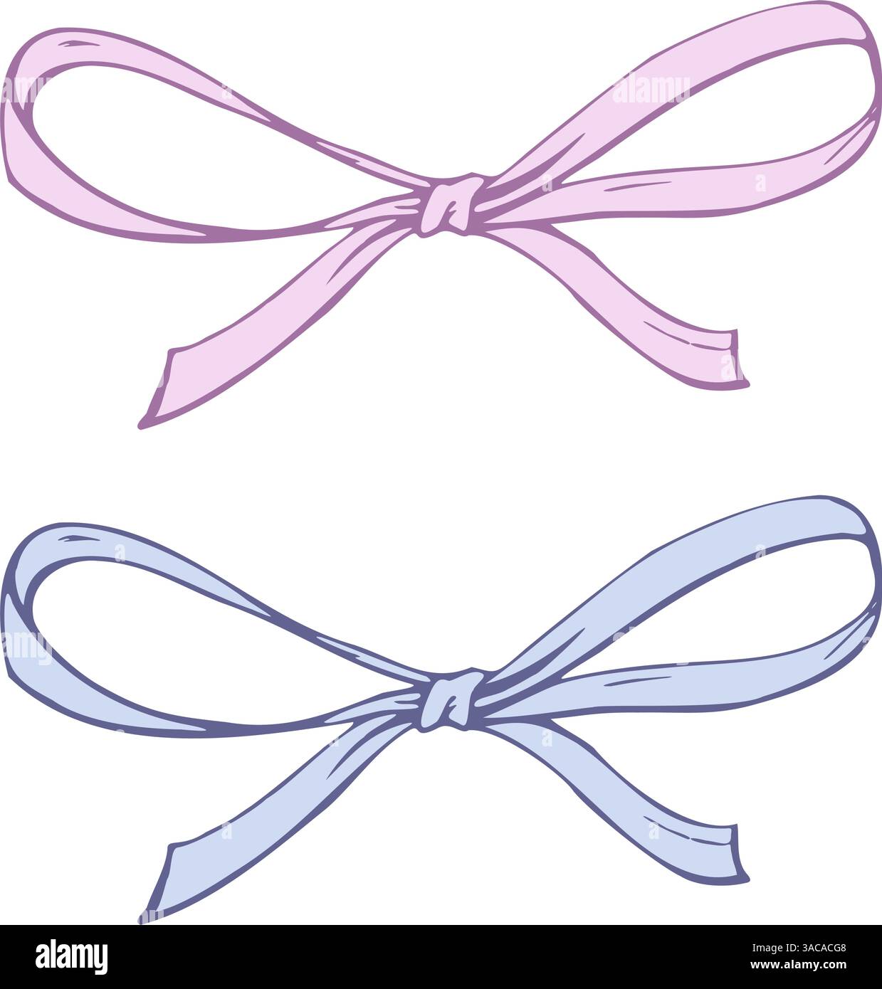 Fiocco in raso, piccolo e semplice, realizzato in tessuto, nastri sottili. Illustrazione grafica grafica disegnata a mano, contorno blu e rosa. Singolo isolato Illustrazione Vettoriale