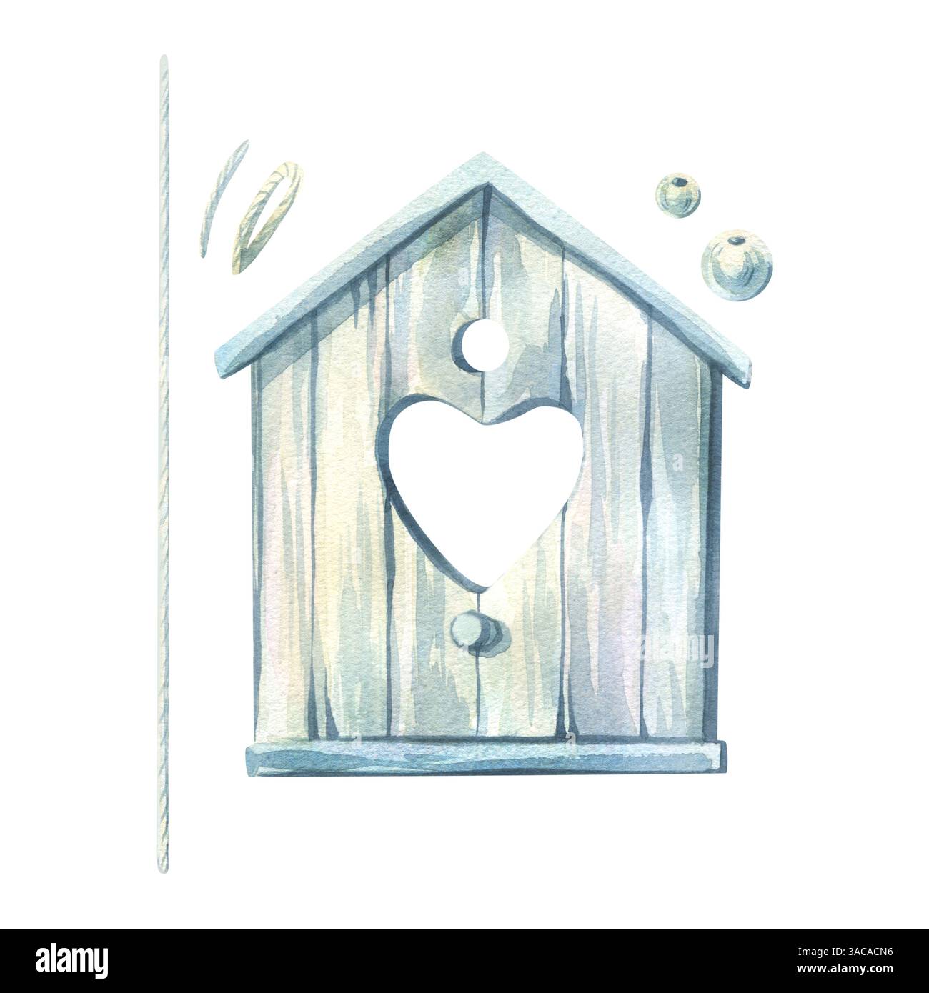 Birdhouse in legno, appeso con un foro a forma di cuore con una texture di vernice grigia con una corda e perline. Illustrazione ad acquerello disegnata a mano Foto Stock