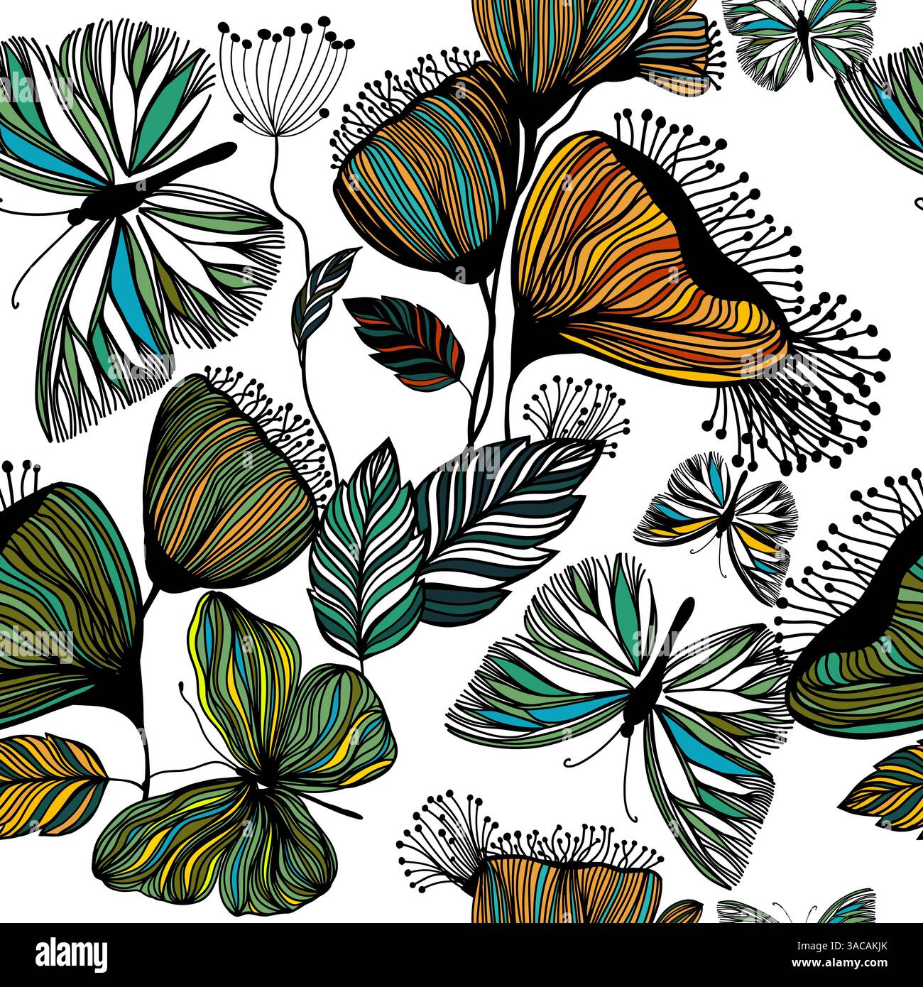 Disegno a mano fantasia artistica dei fiori a margherita senza cuciture. Stampa floreale a blocchi. Profili espressivi, Organic Large Scale simplistic retro Fashion Illustrazione Vettoriale