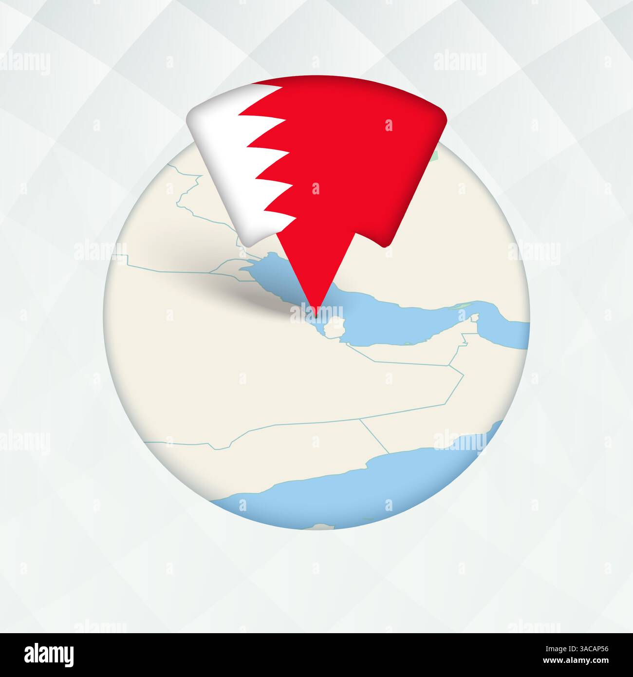 Mappa del Bahrein evidenziata con indicatore. Puntatore a bandiera sulla mappa geografica. Illustrazione Vettoriale
