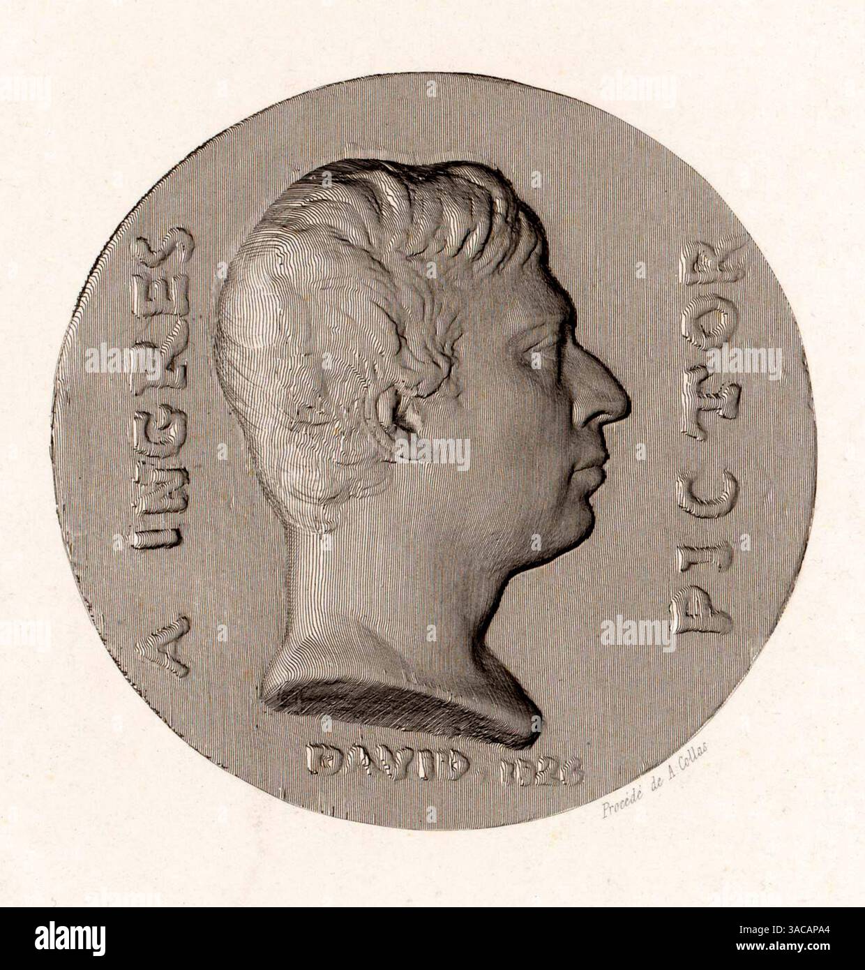 1826 c. , PARIGI , FRANCIA : il pittore francese Jean-Auguste-Dominique INGRES ( 1780 - 1867 ). Medaglione ritratto dell'incisore Pierre Jean David d'Angers, 1826 c, stampato da Achille Collas. - RITRATTO - RITRATTO - ARTI - ARTE - PITTURA - PITTURA - artista - ritratto - Jean Auguste Dominique - incisione - incisione - STORIA - FOTO STORICHE - medaglione commemorativo - ILLUSTRAZIONE --- ARCHIVIO GBB Foto Stock