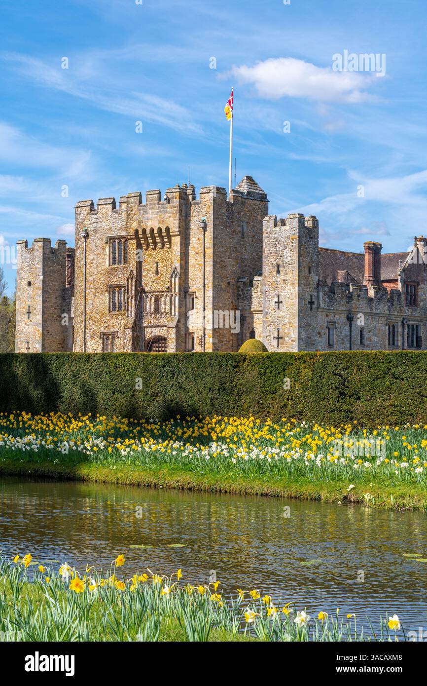 Vista del castello di Hever e dei giardini con narcisi in fiore in un giorno di primavera soleggiato, Kent, Inghilterra, Regno Unito Foto Stock