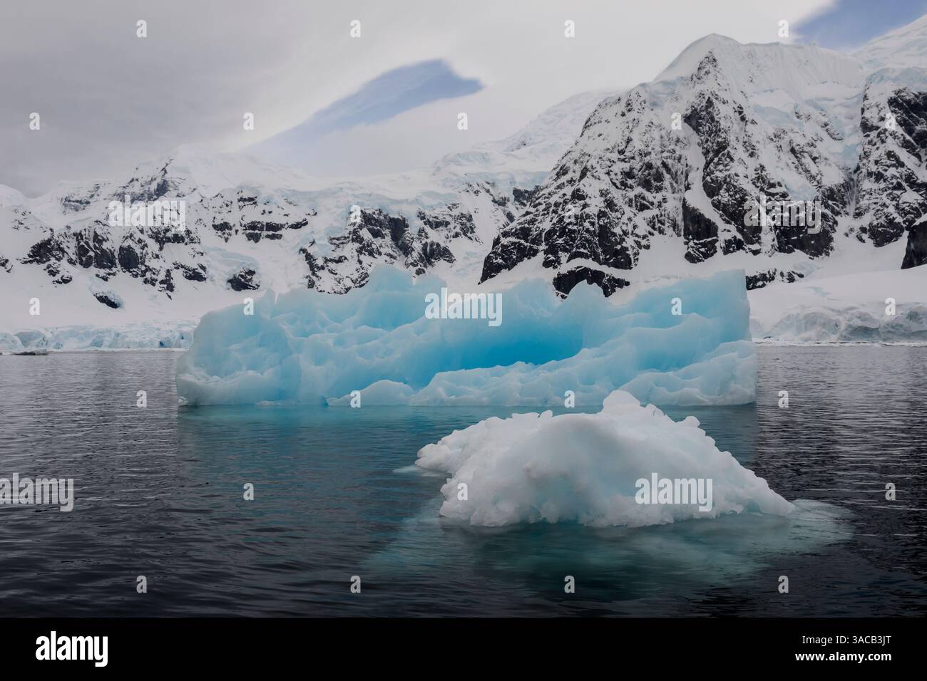 Oceano meridionale, Antartide. Paradise Bay è piena di ghiaccio brash e iceberg più grandi ed è circondata da montagne innevate. Foto Stock