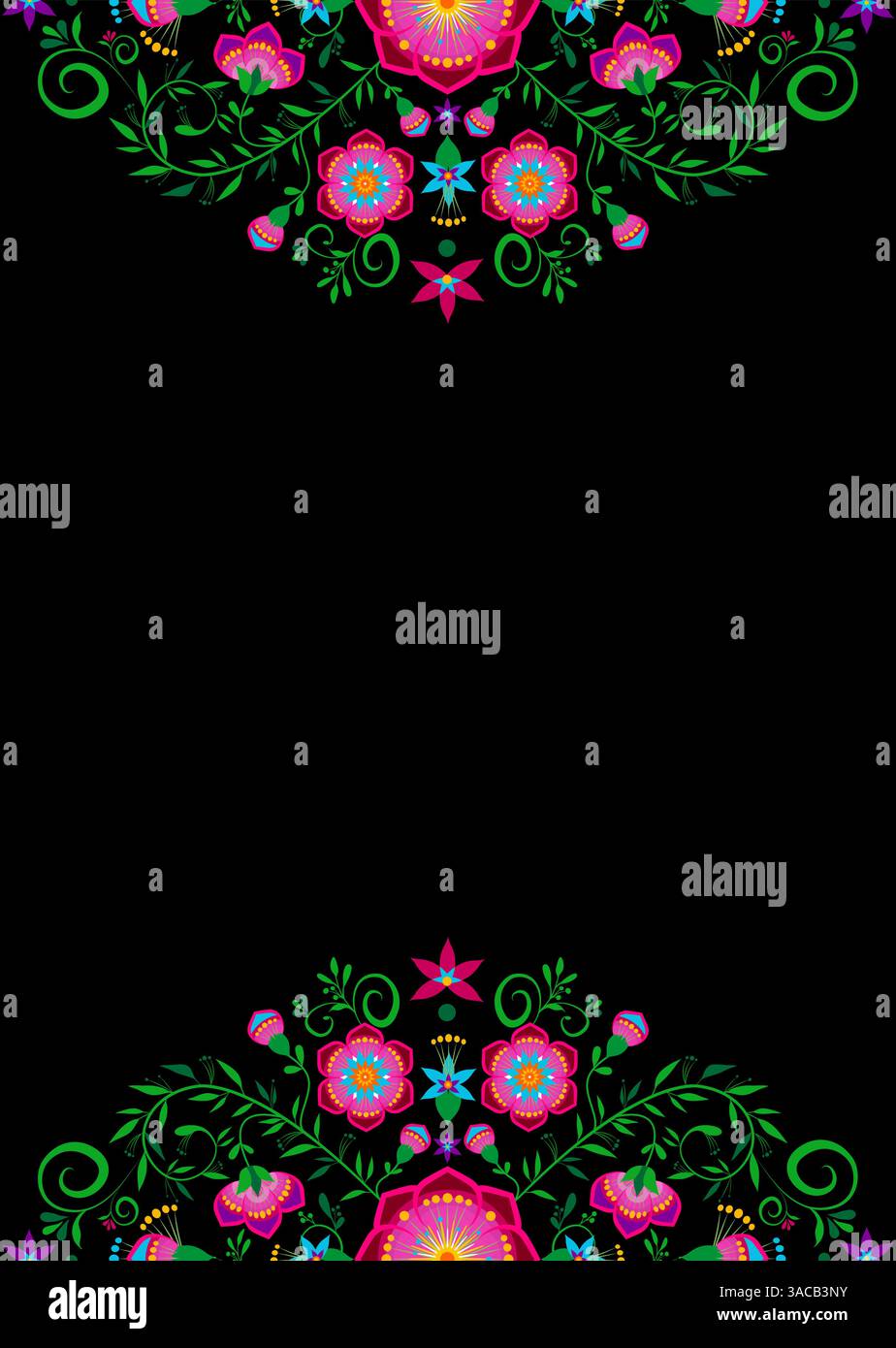 Motivi floreali vettoriali in stile folk messicano, cornici floreali ispirate ai tradizionali ricami messicani, illustrazione isolata Illustrazione Vettoriale