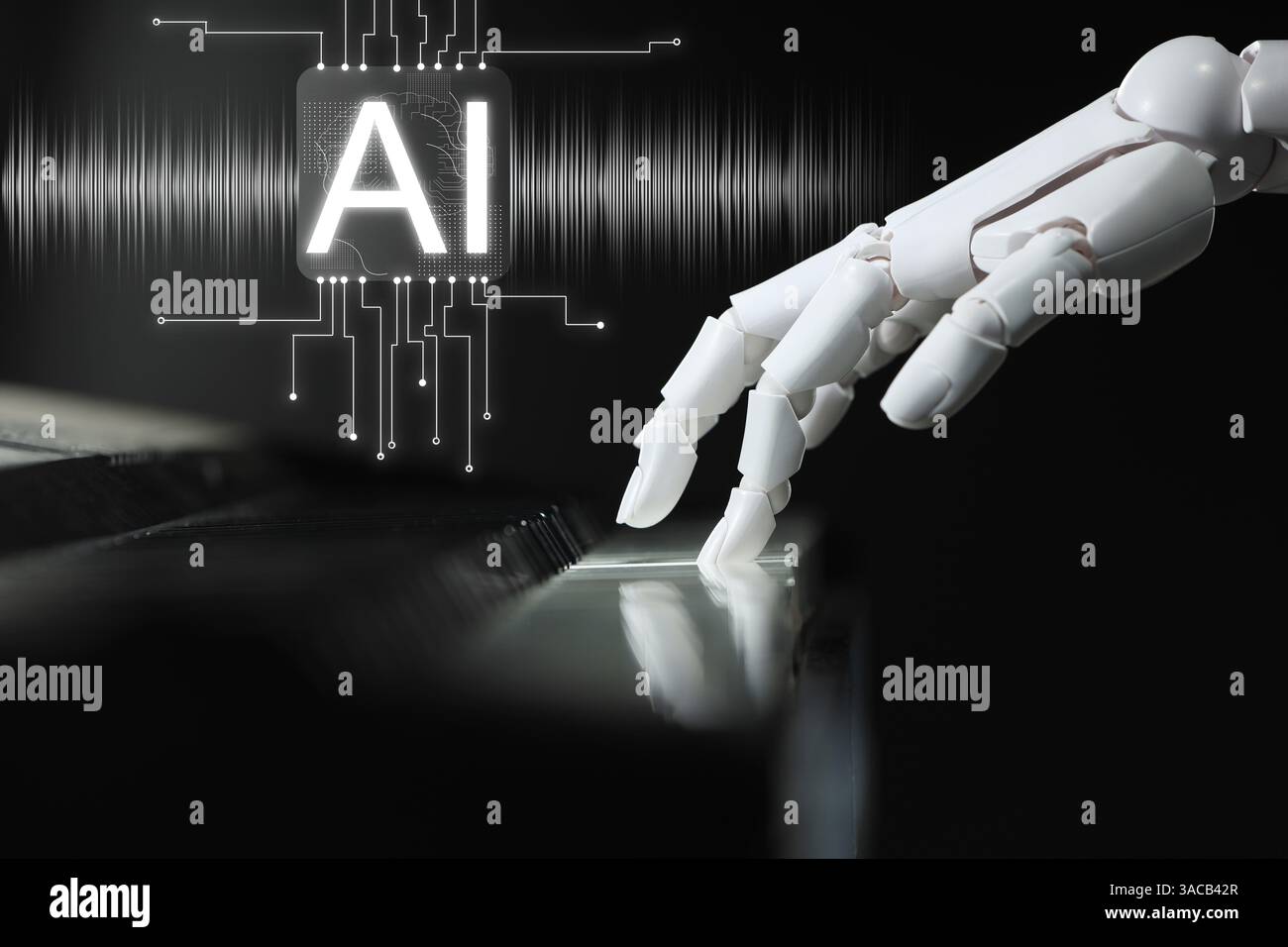 Intelligenza artificiale. Robot che suona il pianoforte su sfondo nero. Chip virtuale con abbreviazione IA, schema della scheda a circuito stampato e forme d'onda sonore Foto Stock