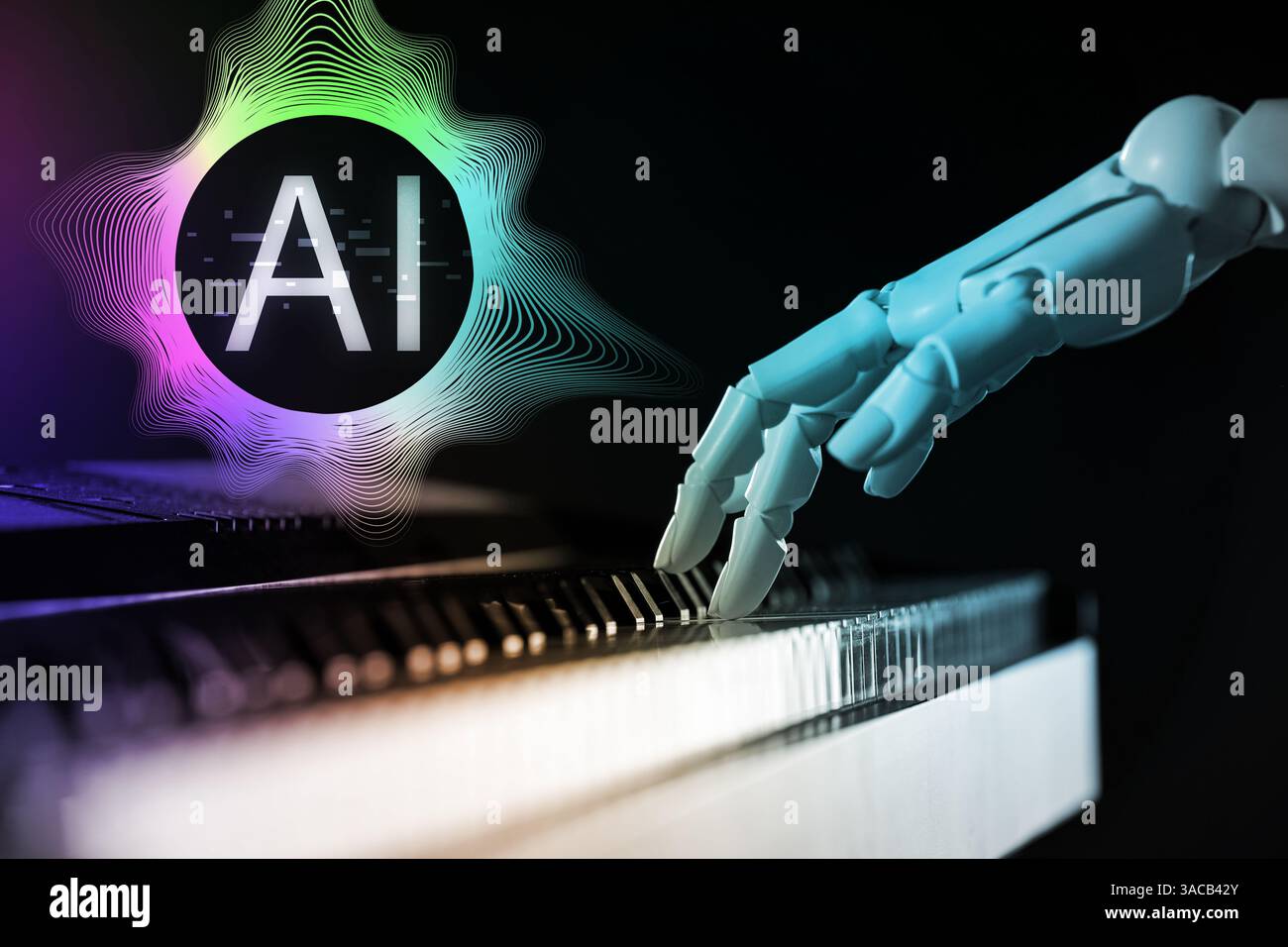 Intelligenza artificiale. Robot che suona il pianoforte su sfondo scuro. Abbreviazione ai e forme d'onda sonore Foto Stock