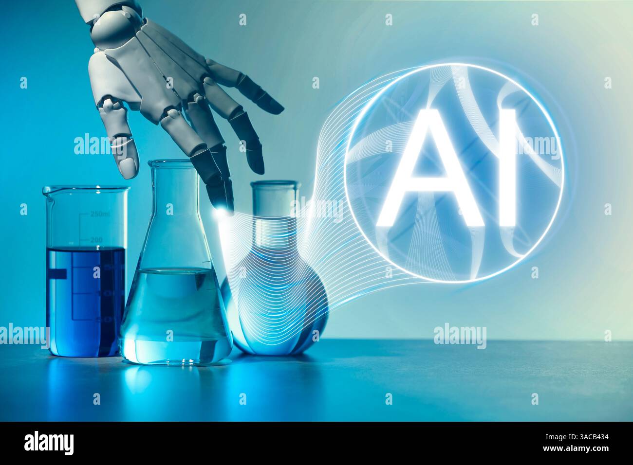 Intelligenza artificiale. Mano robot e vetreria da laboratorio su sfondo colorato Foto Stock
