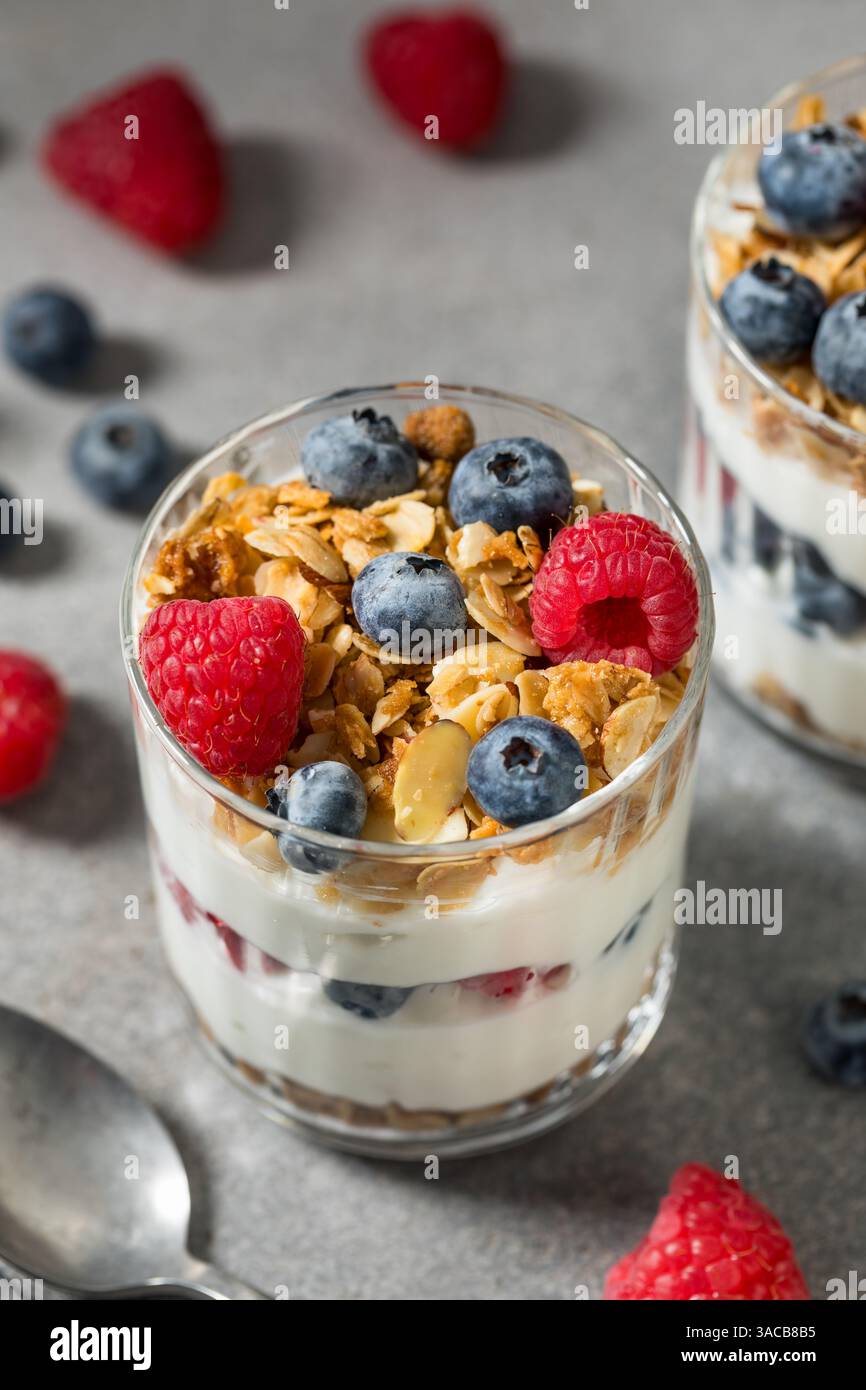 Parfait di yogurt fatto in casa con Granola e frutti di bosco Foto Stock