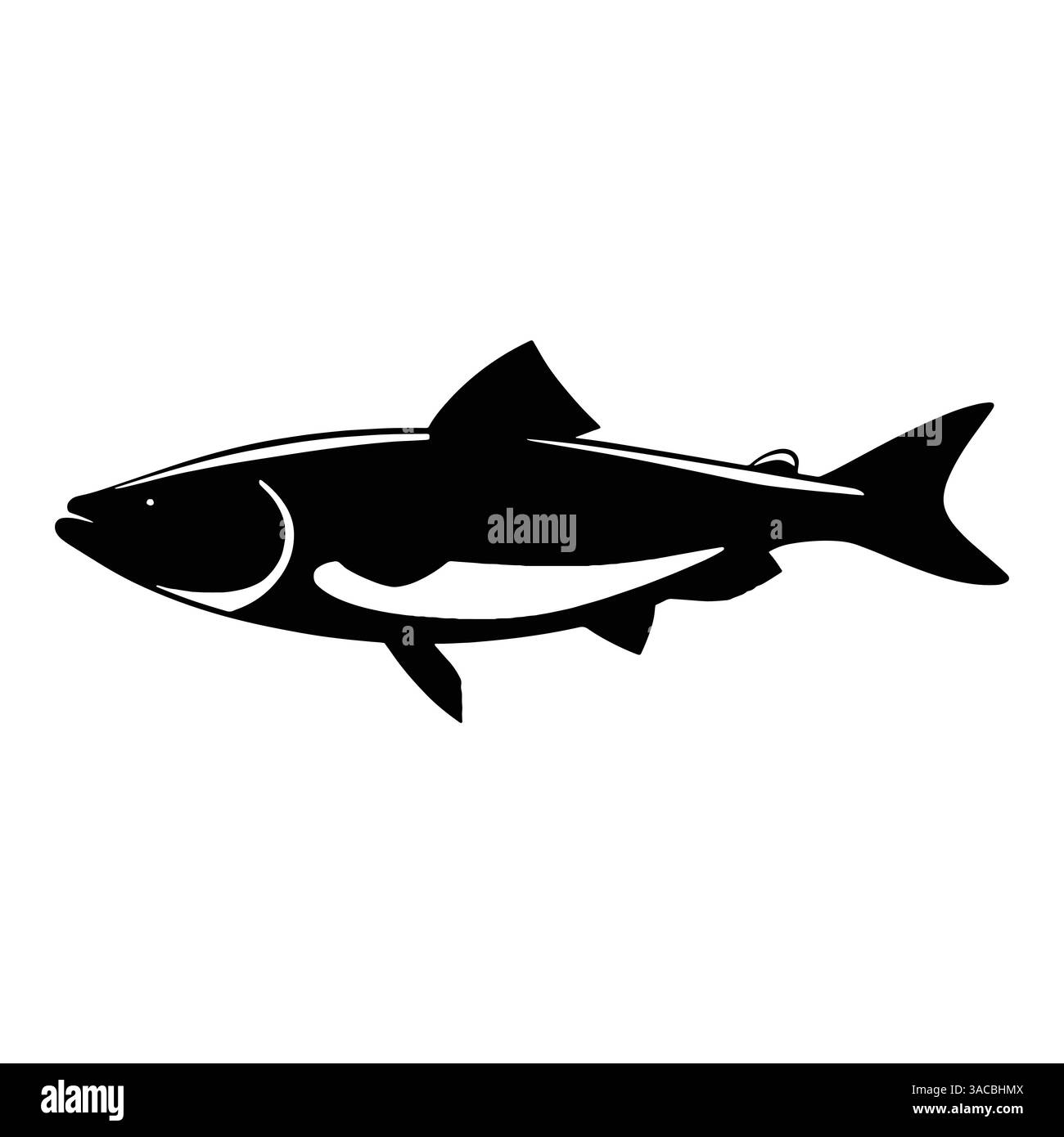 Sagoma di pesce bianco e nero nella vista laterale. Semplice illustrazione vettoriale isolata su sfondo bianco. Illustrazione Vettoriale