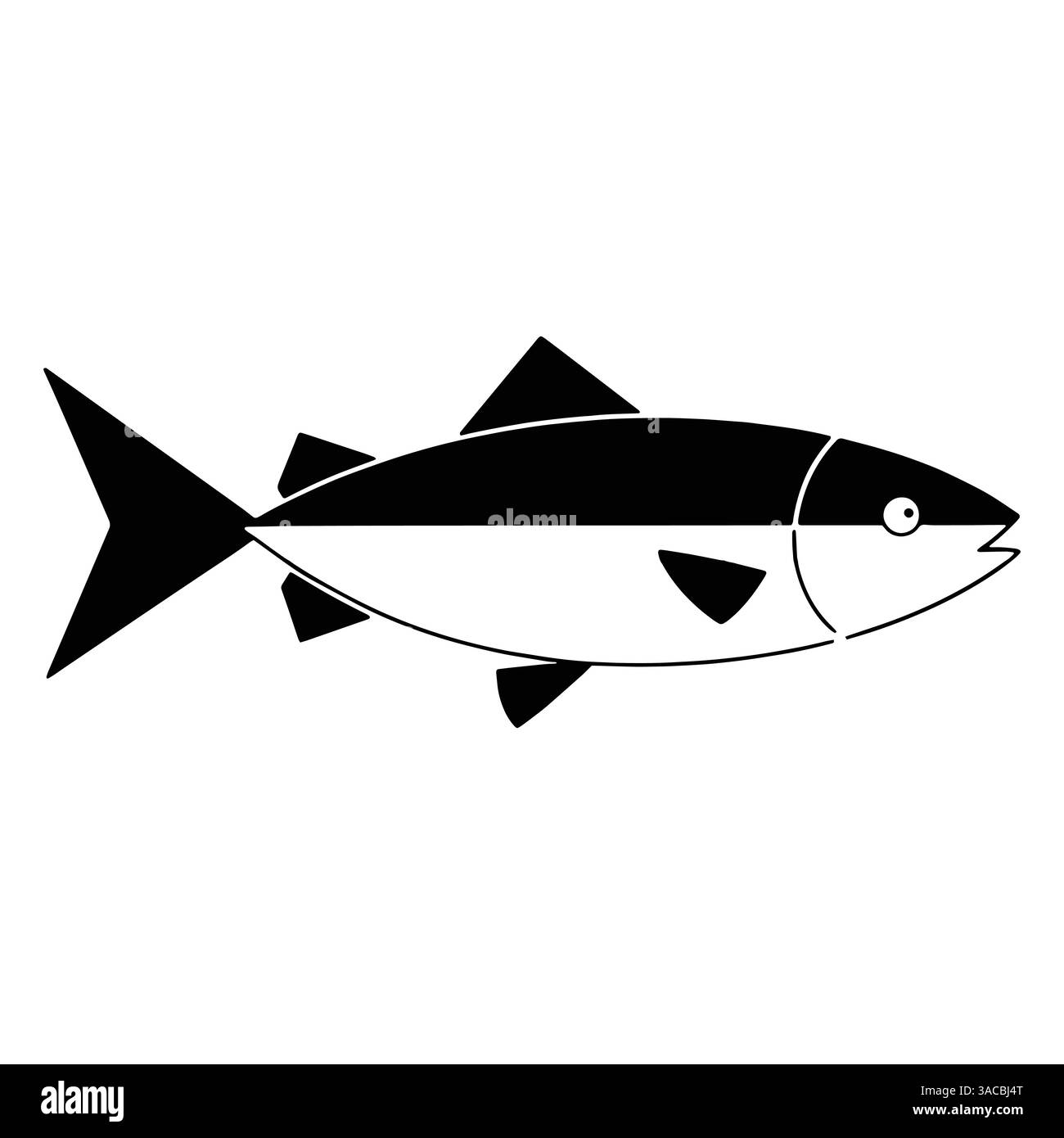 Illustrazione vettoriale della silhouette del pesce nero, isolata su sfondo bianco. Design semplice e minimalista, ideale per loghi, branding e temi nautici gr Illustrazione Vettoriale