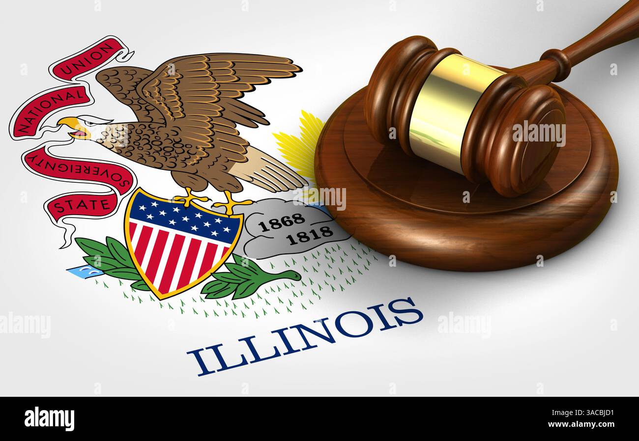 Diritto dello stato dell'Illinois, sistema legale e concetto di giustizia con una rappresentazione 3D di un martelletto sulla bandiera illinoisana. Foto Stock