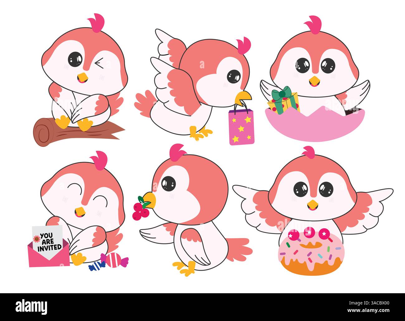 Set di disegni clipart personaggio Birds Birds. Una simpatica collezione di clip art con icone di uccello con biglietto d'invito per la festa, ciambella, sacchetto di carta e ciliegia in Happy Illustrazione Vettoriale