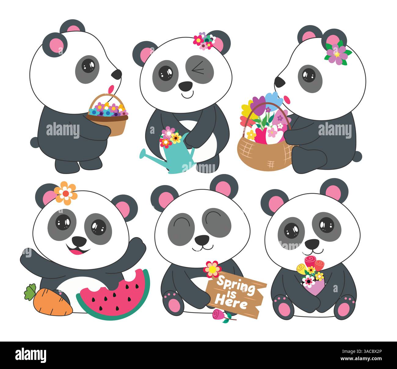 Set di disegni della clipart dei caratteri della molla Panda. Una simpatica collezione di clip art a forma di animale orso in un sorriso felice e adorabile con cesto di fiori e bouquet Illustrazione Vettoriale