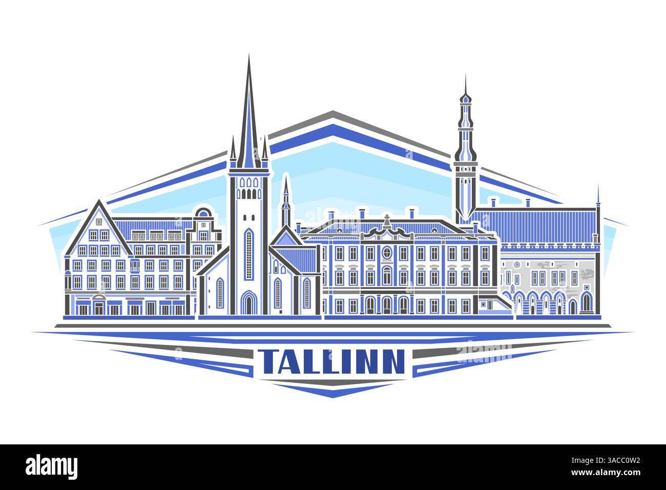 Illustrazione vettoriale di Tallinn, segno decorativo orizzontale con design lineare famoso paesaggio cittadino di tallinn sullo sfondo del cielo diurno, linea urbana panoramica ar Illustrazione Vettoriale
