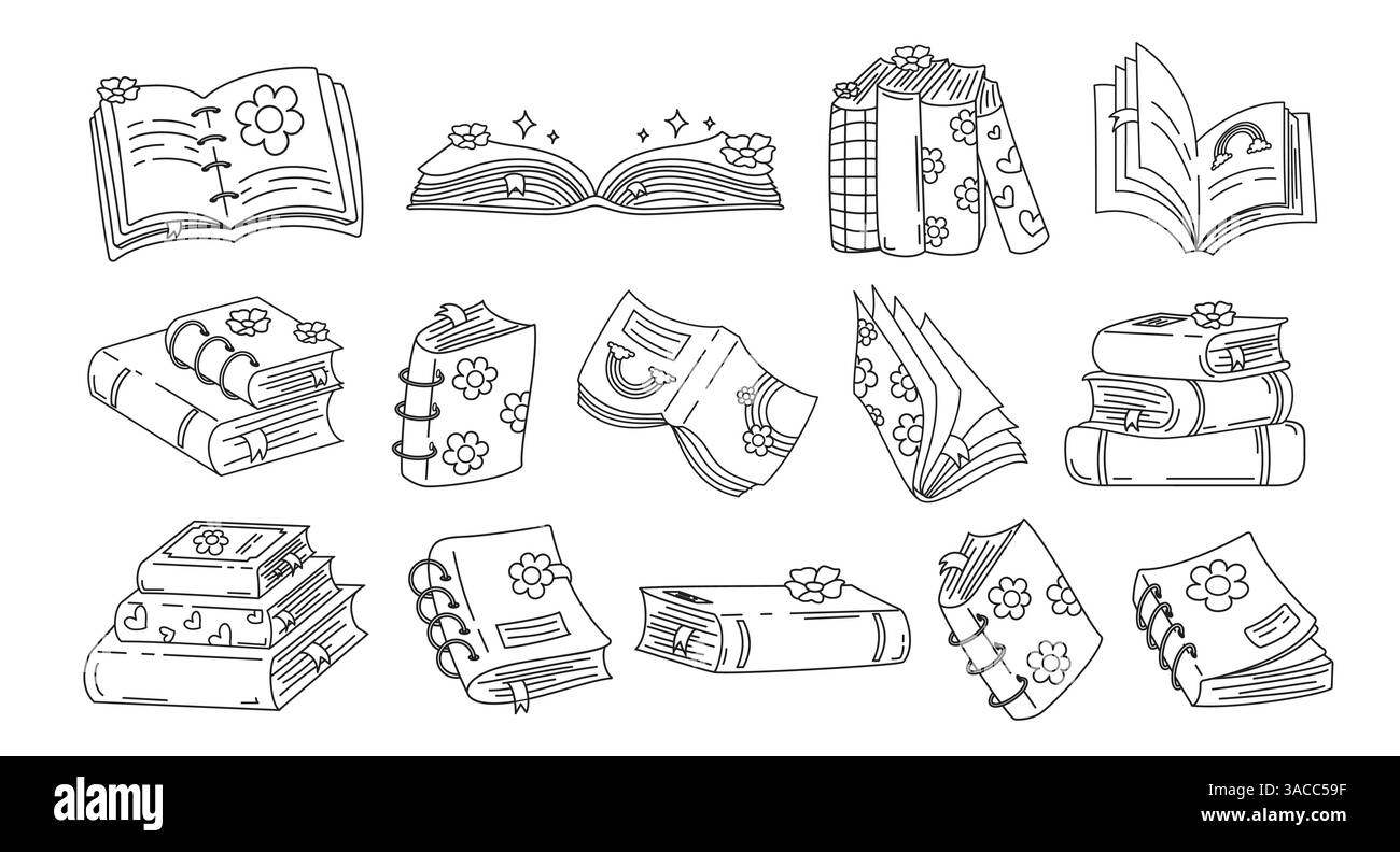 I libri delineano il set di clipart. Libro di testo scolastico con collezione di clip art a pagina aperta e chiusa in bianco e nero per l'educazione in età prescolare Illustrazione Vettoriale