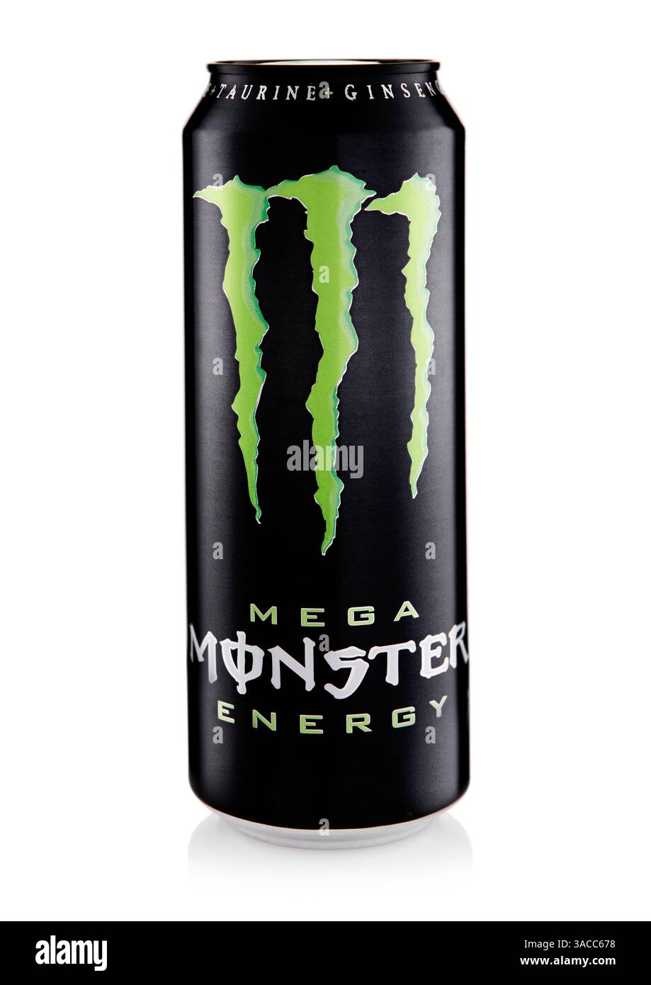 LONDRA, Regno Unito - 11 MARZO 2025: Bevanda analcolica Original Mega Monster Energy con taurina e caffeina su bianco. Foto Stock