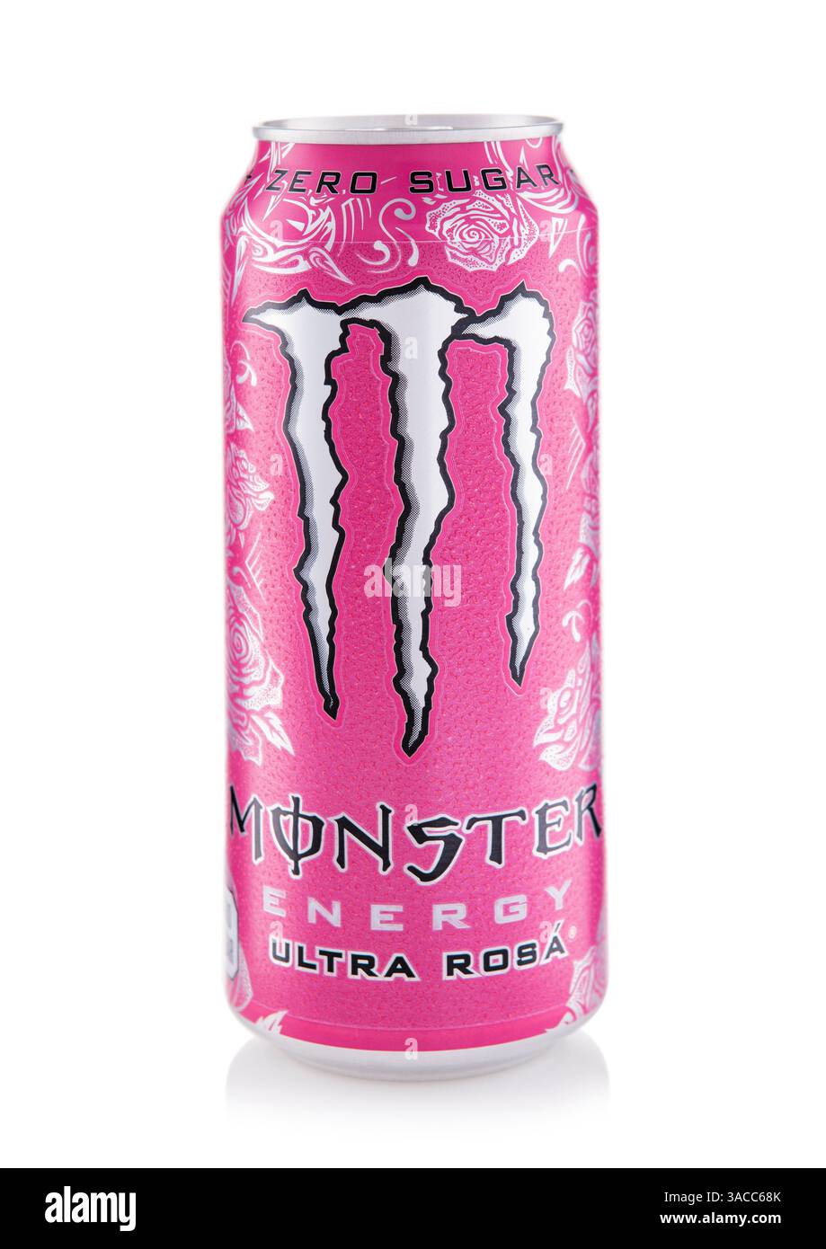 LONDRA, Regno Unito - 12 MARZO 2025: Barattolo in alluminio di Monster Energy ultra rosa zero Sugar soft soda drink su bianco. Foto Stock