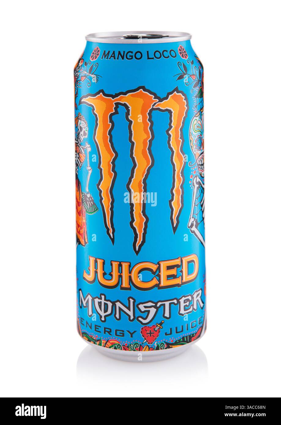 LONDRA, Regno Unito - 7 MARZO 2025: Monster Juiced Energy soft soda drink mango loco on white. Foto Stock
