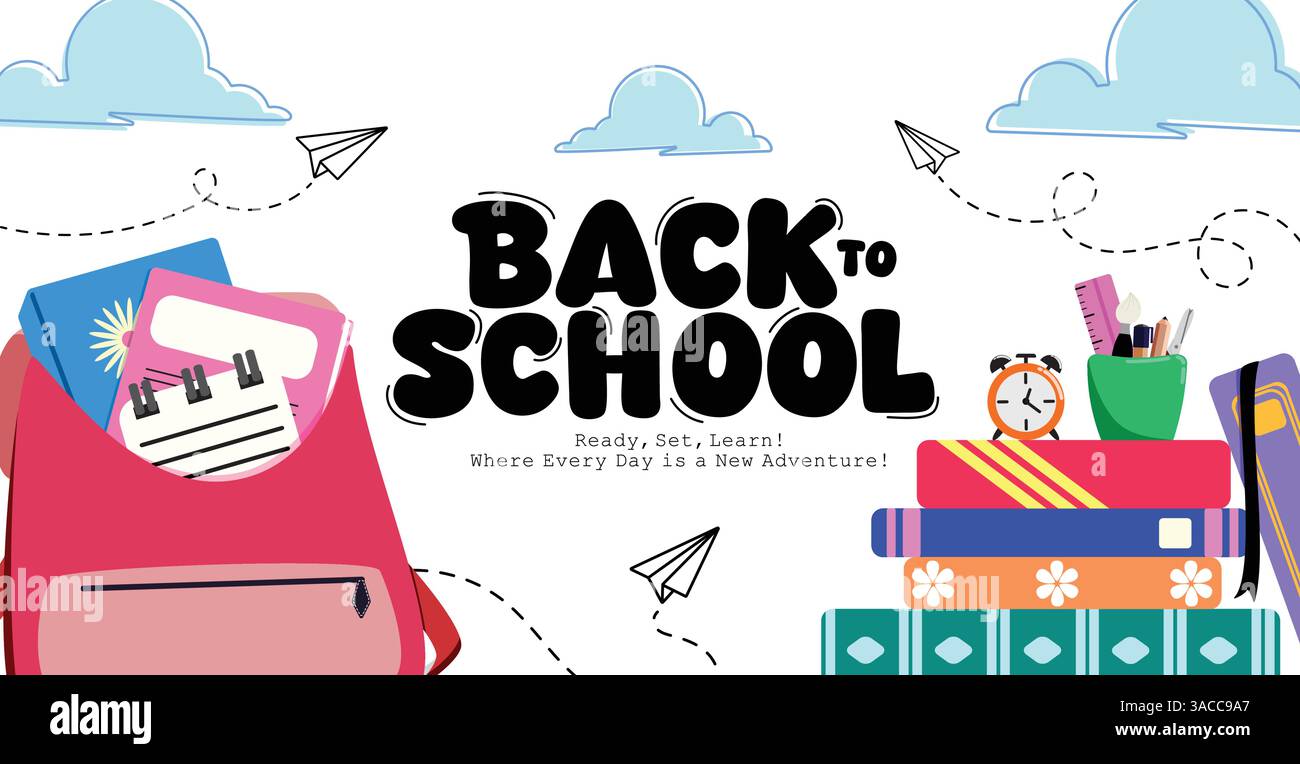 Design banner clipart sfondo a scuola. Modello di carta per banner con testo scolastico con elementi didattici colorati, come la borsa della scuola, stampata Illustrazione Vettoriale