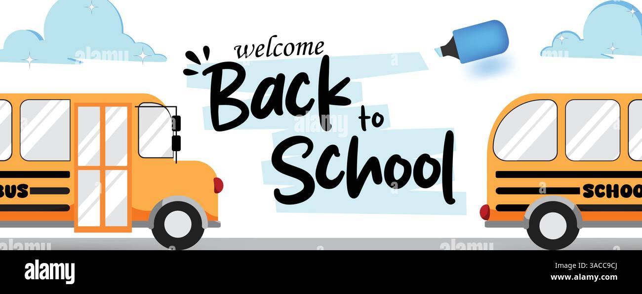 Design banner clipart scuolabus. Bentornato a scuola saluto clip art di testo con scuolabus attrezzature educative per gli studenti trasporto Illustrazione Vettoriale