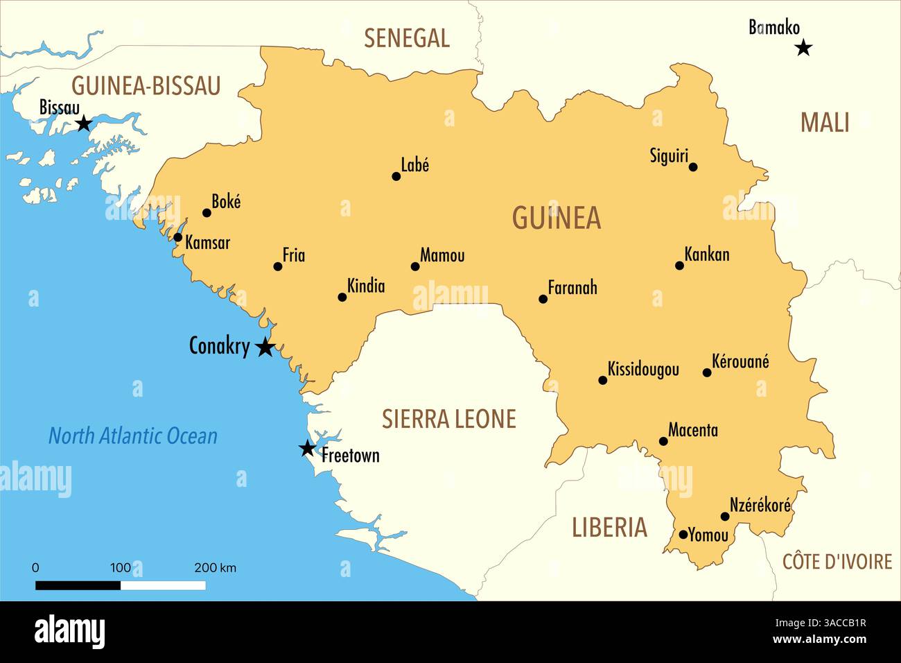 Mappa della Guinea con le principali città e i paesi vicini Foto Stock
