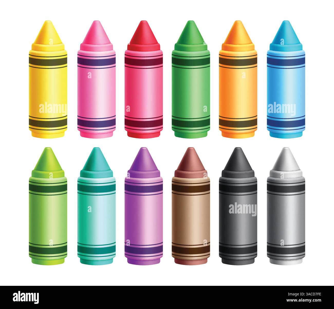 Set clipart elementi pastelli colorati. pastelli di cera 3d per i materiali artistici per la scuola collezione di clip art vettoriale di elementi strumenti realistici multicolori Illustrazione Vettoriale
