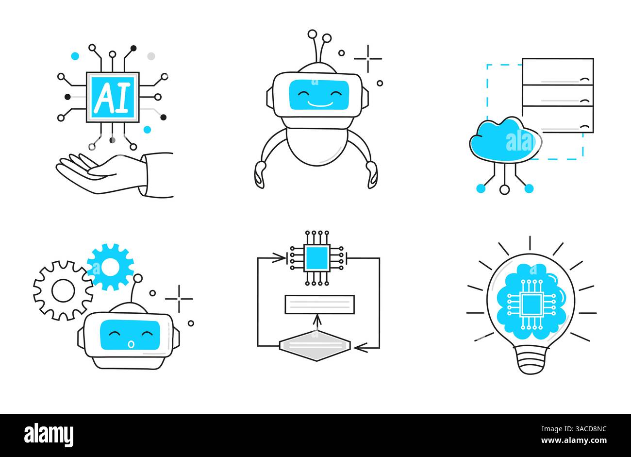 Intelligenza artificiale, tra cui cibernetica, apprendimento automatico, set di icone robotiche, vettore di linea. Risoluzione dei problemi di INTELLIGENZA ARTIFICIALE, algoritmi e tecnologia di intelligenza artificiale Illustrazione Vettoriale