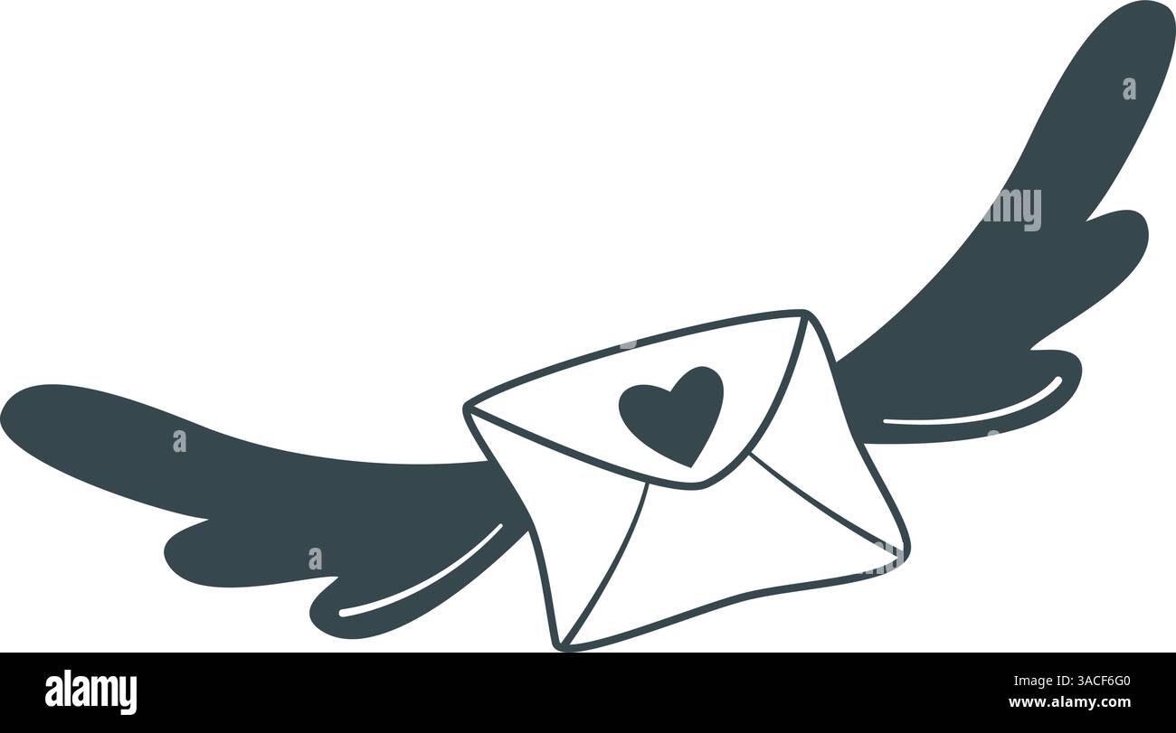 Lettera con ali, illustrazione in stile schizzo. Busta carina con cuore in volo. Il concetto di inviare un messaggio, lettera d'amore, consegna. Disegnato a mano Illustrazione Vettoriale
