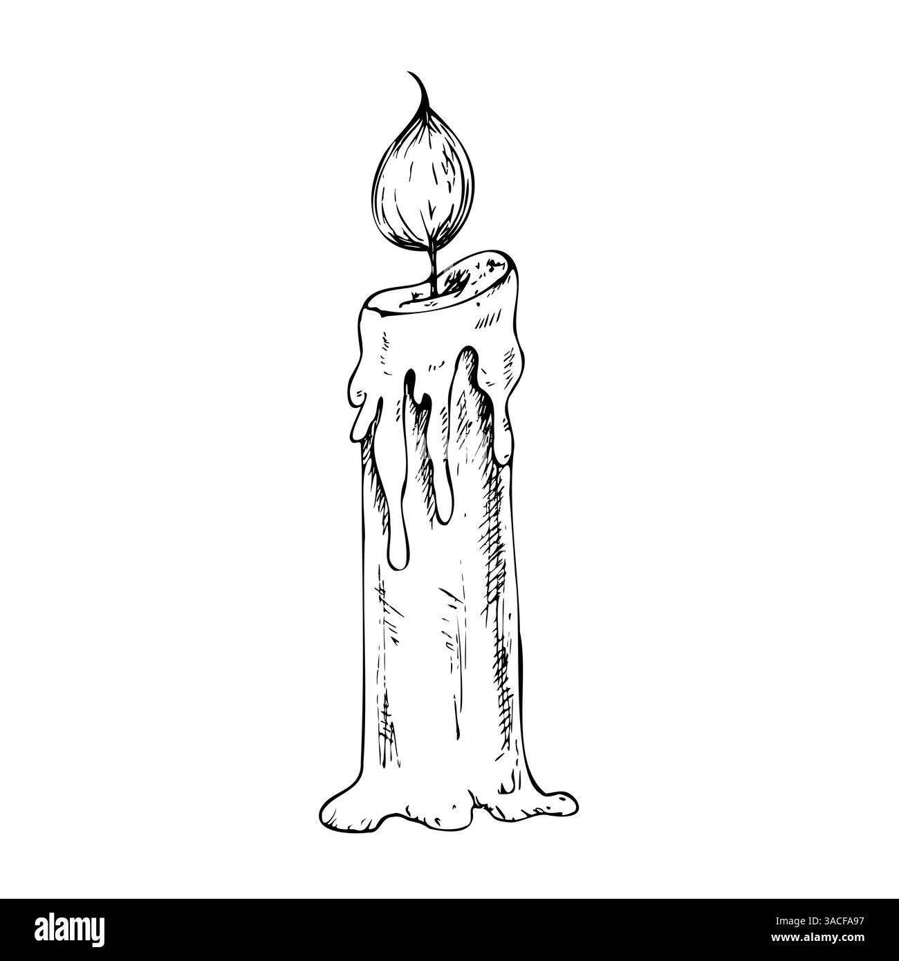 Candela vettoriale con stoppino e cera. Stile di illustrazione lineare a lume di candela dipinto a mano per il Natale o il compleanno. Schizzo monocromatico grafico Illustrazione Vettoriale