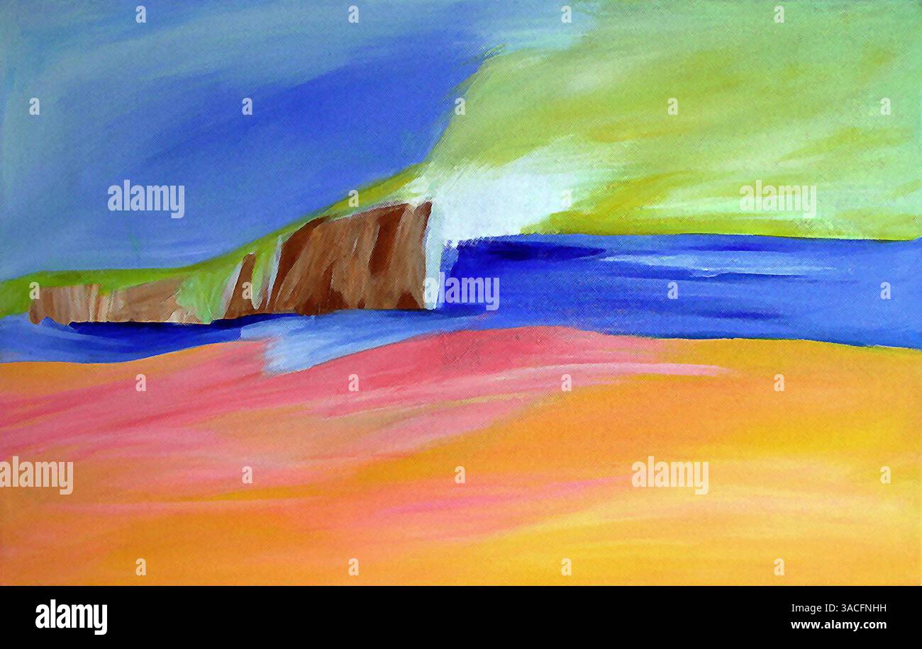 Illustrazione Contemporary Abstract Landscape Art Modern Painting Multicolor Painting Beach Coast and Cliff Foto Stock