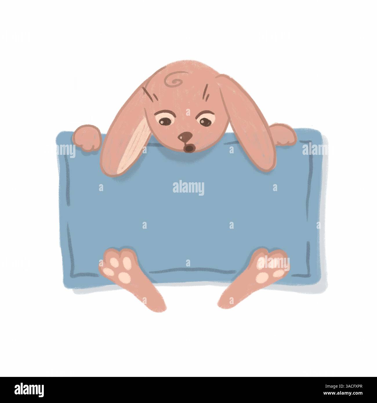 simpatico coniglio che regge il banner con spazio vuoto per il titolo. disegnato a mano. blu e rosa su sfondo trasparente Foto Stock