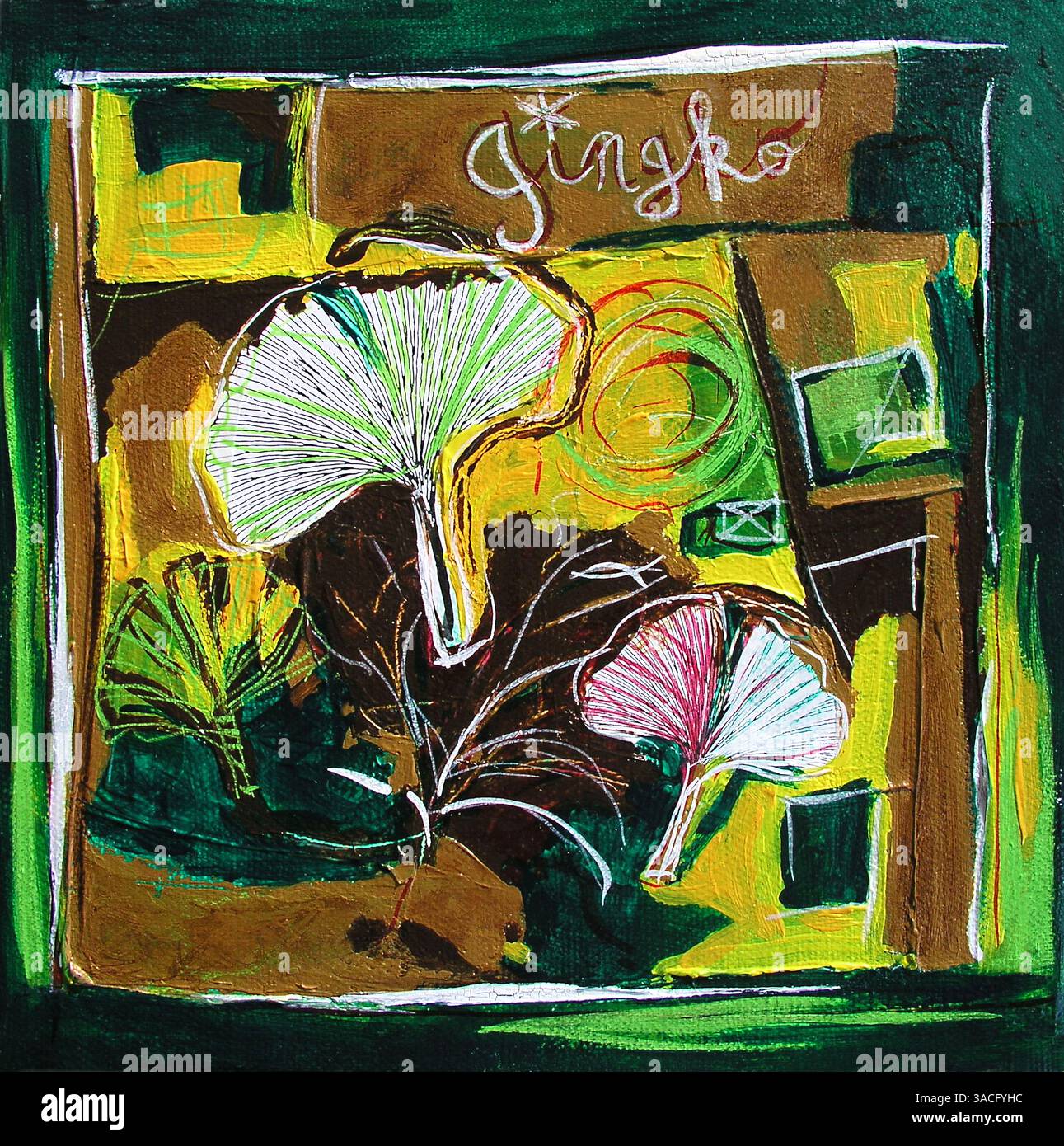 Ginkgo Leaves Painting, Modern Illustration Collage, Green and Yellow Colors Harmony Foto Stock