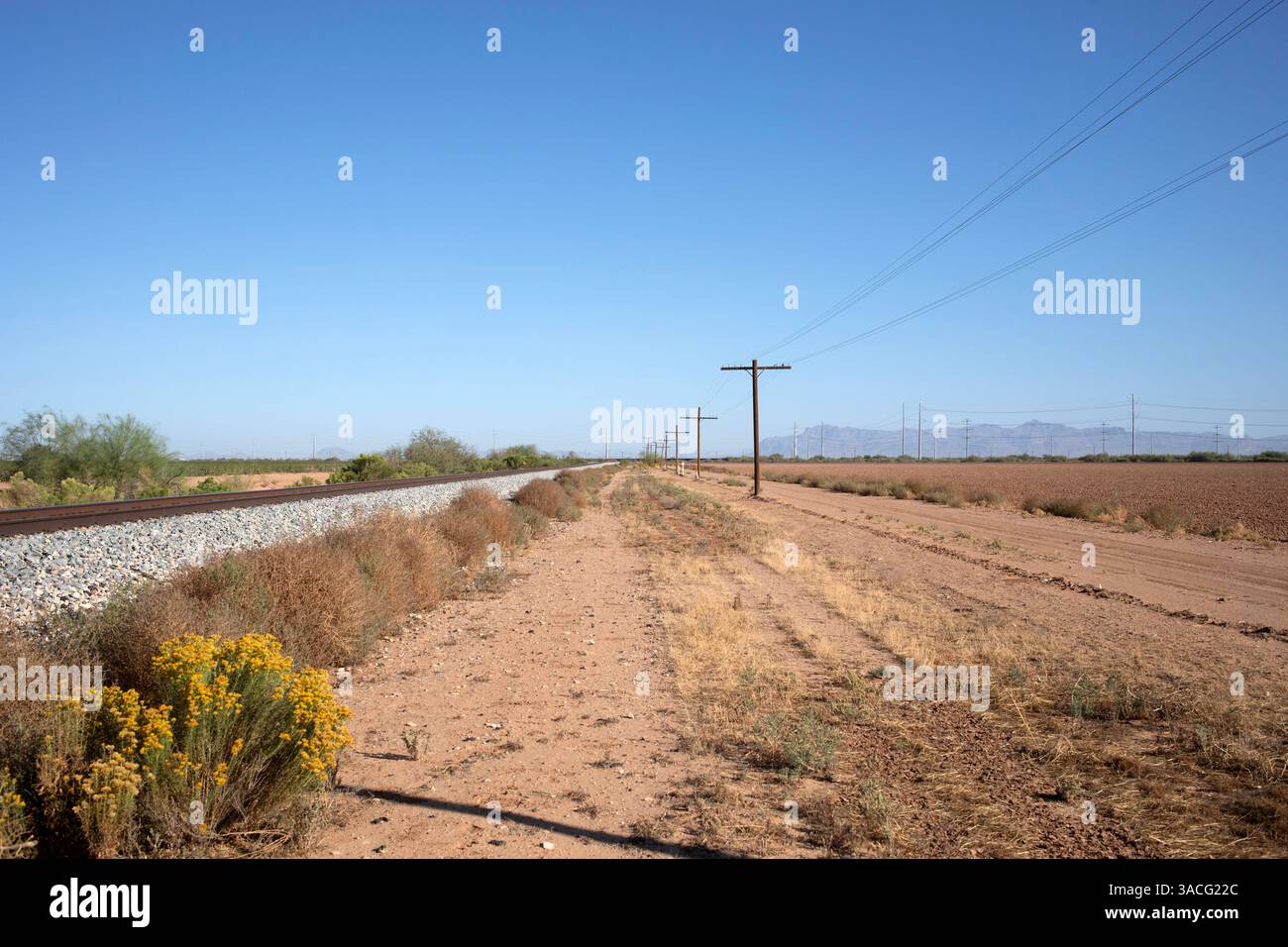 Paesaggio rurale desertico con binari ferroviari e telegrafo Foto Stock