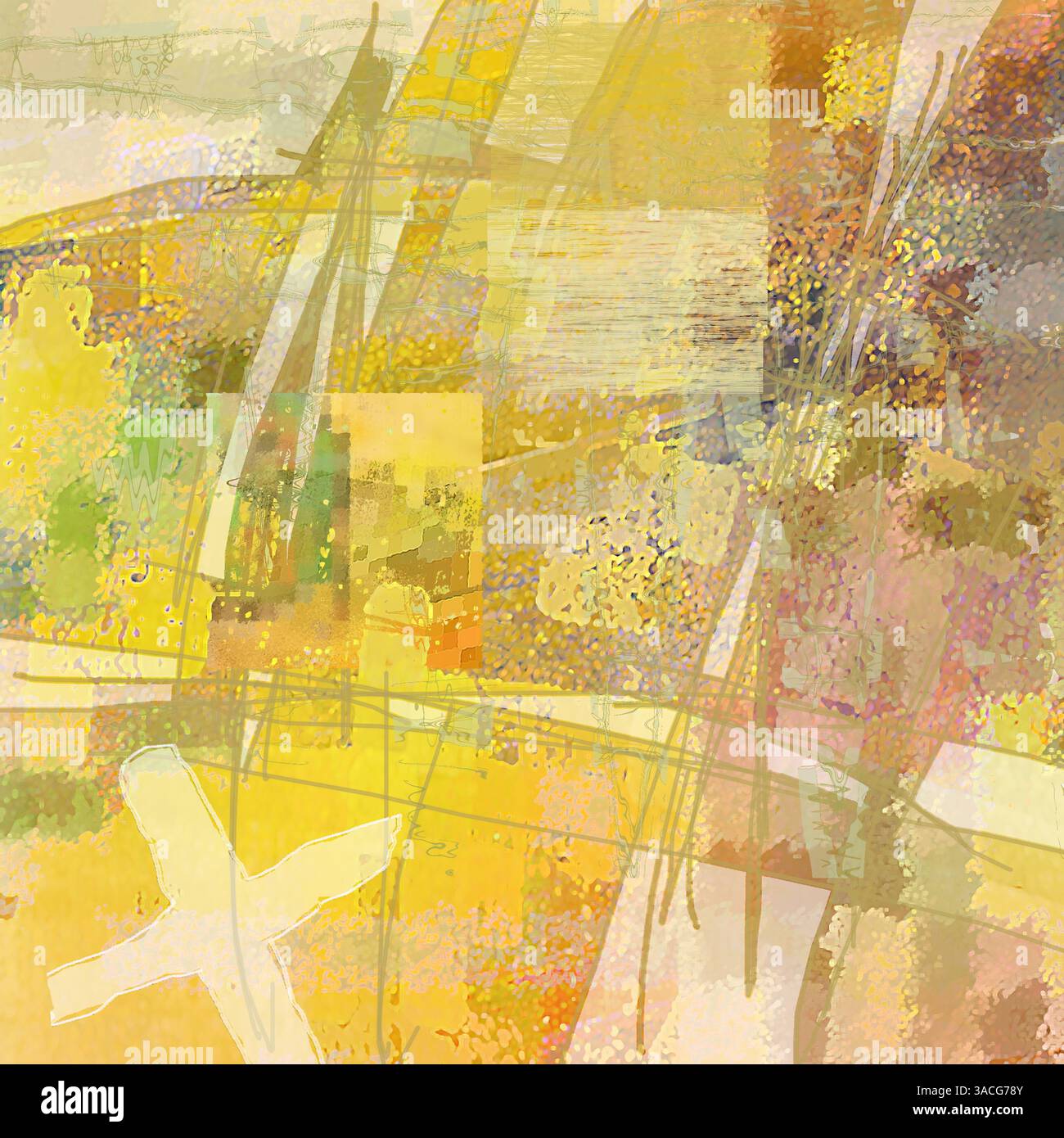 Illustrazione collage digitale, colori naturali giallo e verde, grafica mista con croce Foto Stock