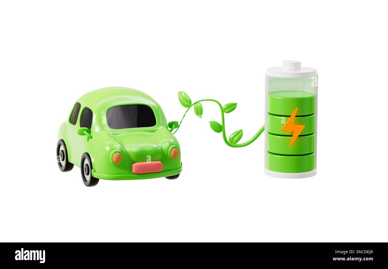 Automobile elettrica cartoon, automobile di nuova energia, concetto di risparmio energetico e riduzione delle emissioni, rendering 3d. illustrazione 3d. Foto Stock