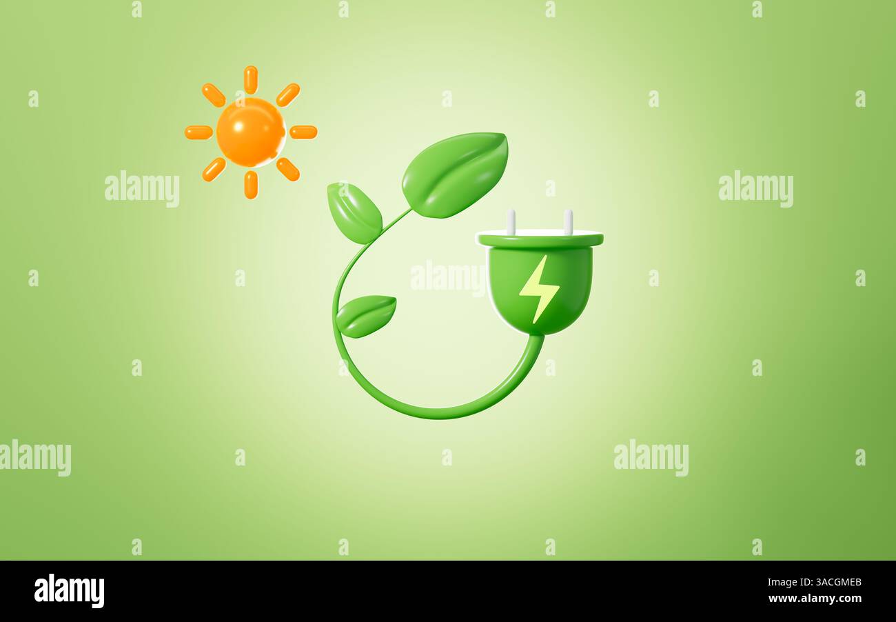 Spina elettrica Cartoon 3d eco, concetto di protezione dell'ambiente, rendering 3D. illustrazione 3d. Foto Stock