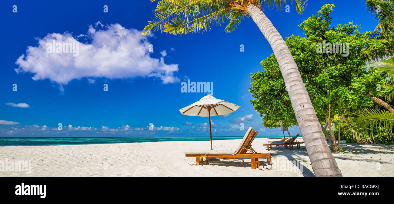 Splendida natura panoramica. Spiaggia tropicale e soleggiata, mentre il paesaggio estivo dell'isola sdraio, ombrellone, palme, lascia calme coste e coste. Amo il turismo di coppia Foto Stock