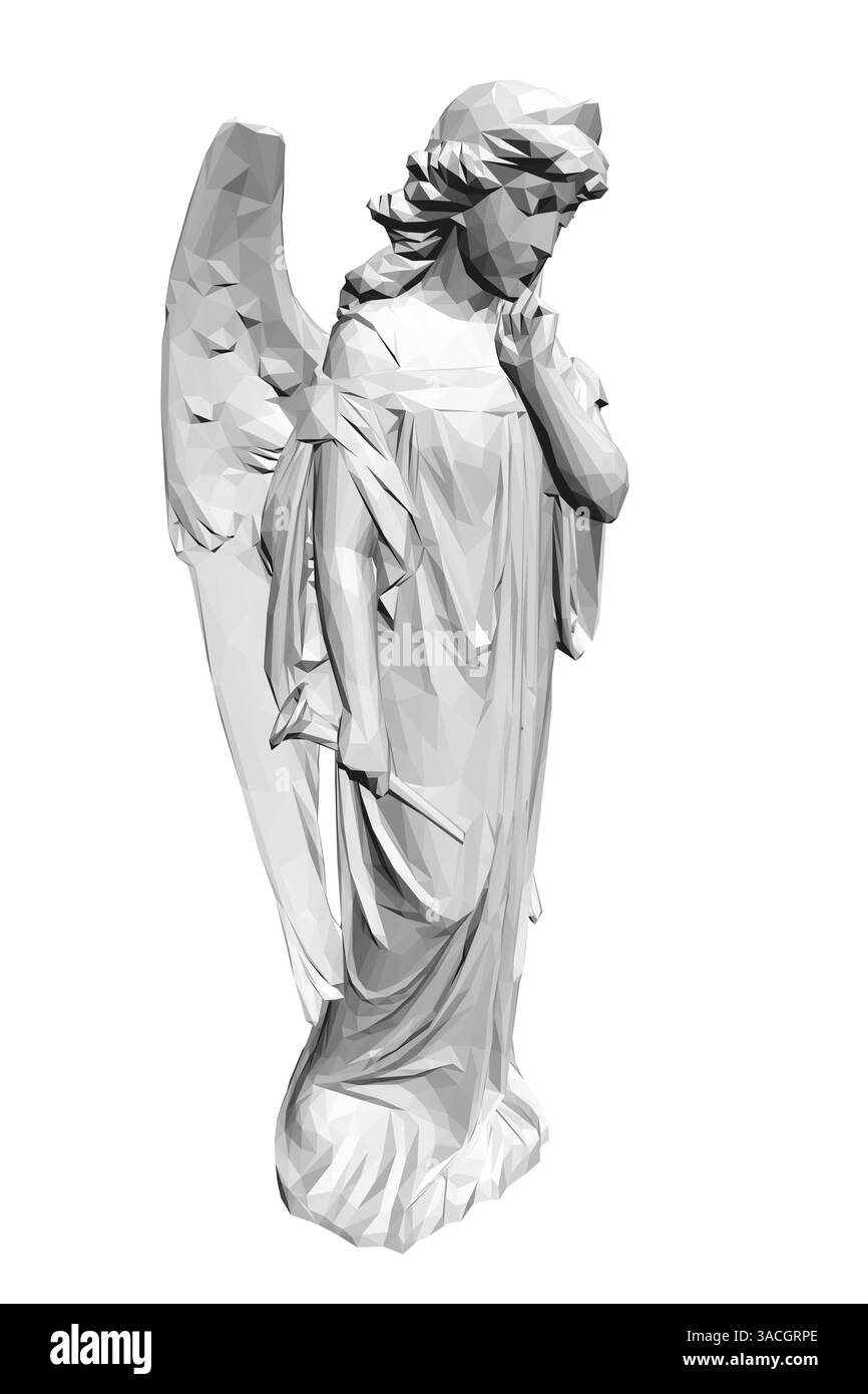 Una statua di angelo bianco con ali e una corona. La statua si trova su uno sfondo bianco. La statua dell'angelo guarda in basso ed è in un disprezzo Illustrazione Vettoriale