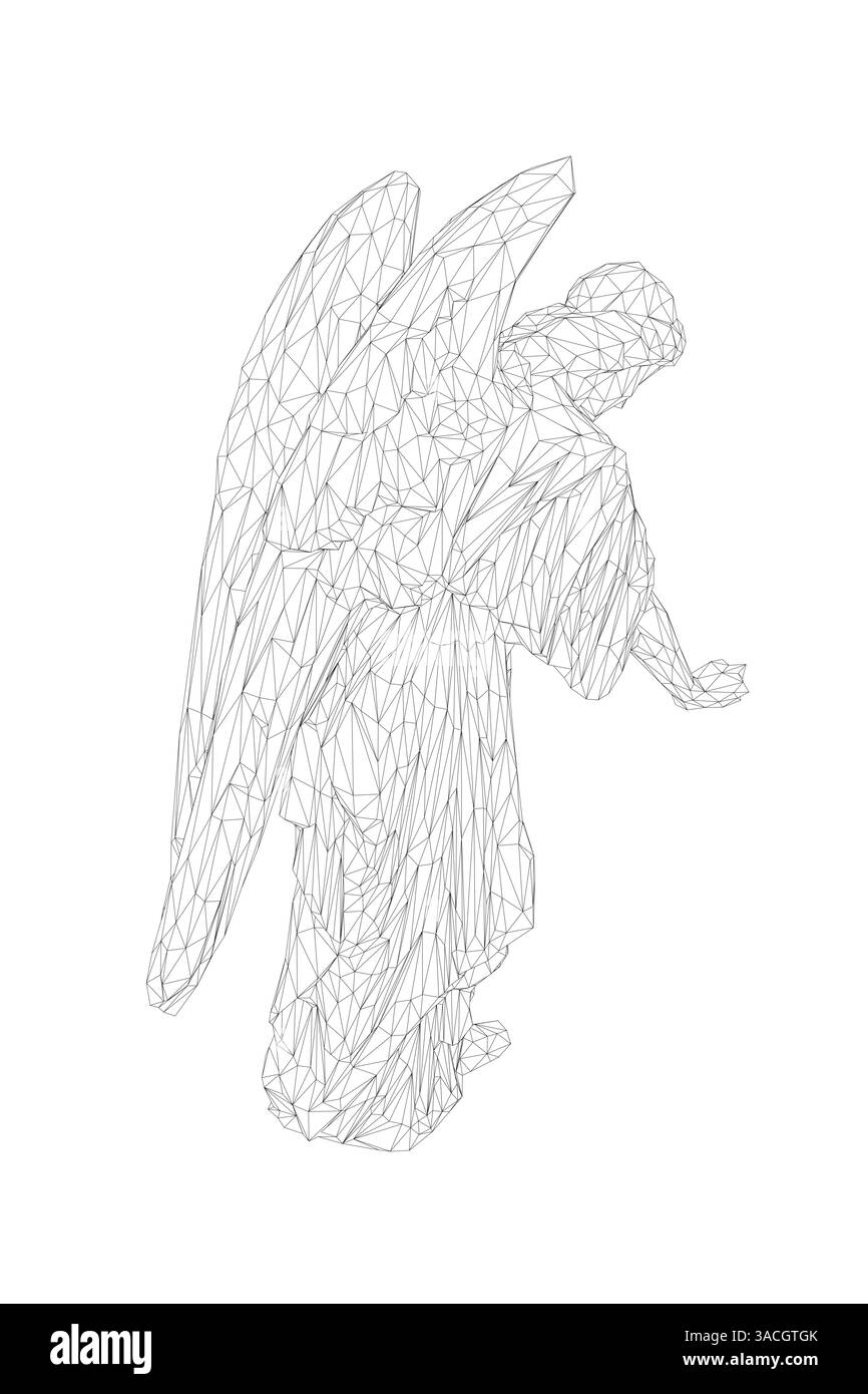 Un disegno in bianco e nero di un angelo con un'ala rotta. L'angelo sta su uno sfondo bianco Illustrazione Vettoriale