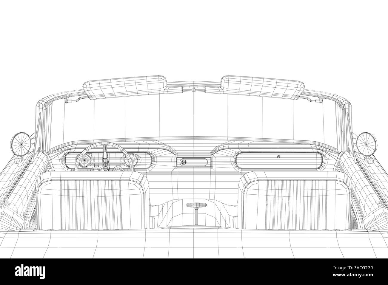 Un disegno di un'auto con un parabrezza e un cruscotto. L'auto è un modello vintage. Il disegno è in bianco e nero Illustrazione Vettoriale