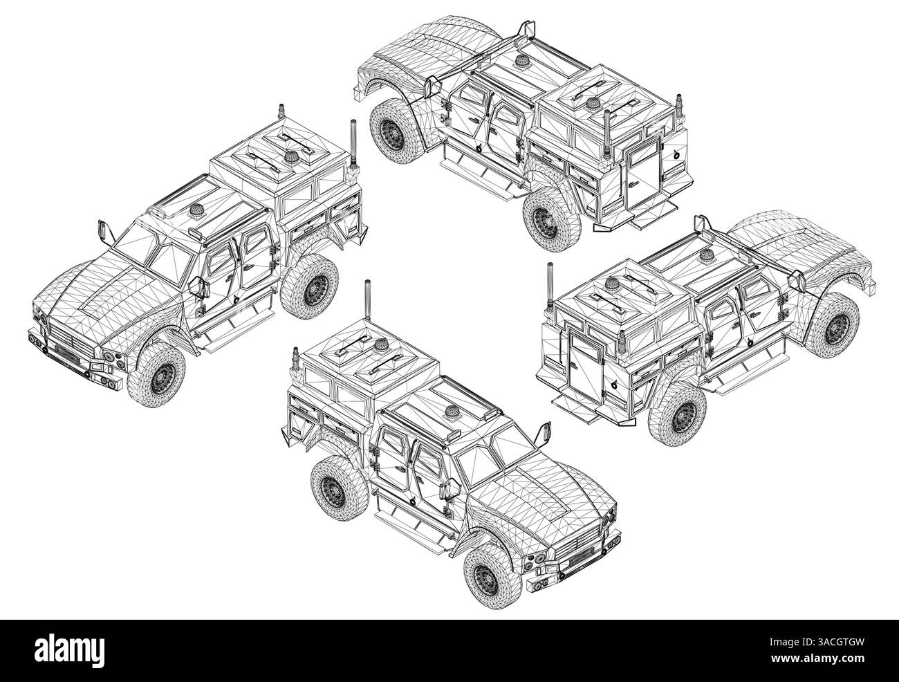 Quattro diversi disegni di un veicolo militare. I disegni hanno tutti la stessa dimensione e sono tutti nello stesso orientamento. Vista isometrica Illustrazione Vettoriale