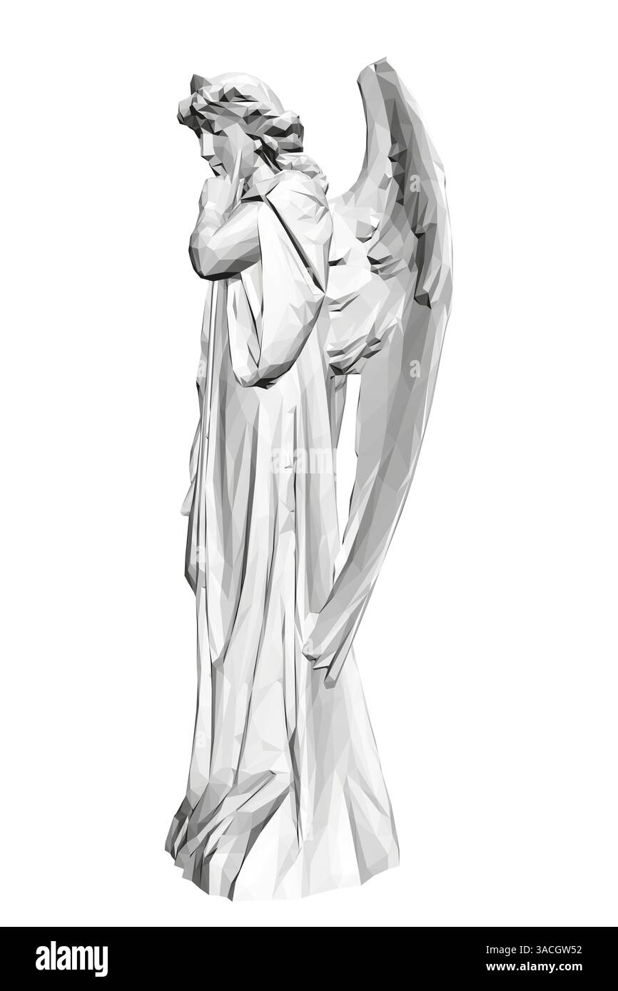 Una statua di angelo bianco con ali si erge su uno sfondo bianco. La statua dell'angelo sta guardando in basso ed è di umore contemplativo o triste Illustrazione Vettoriale