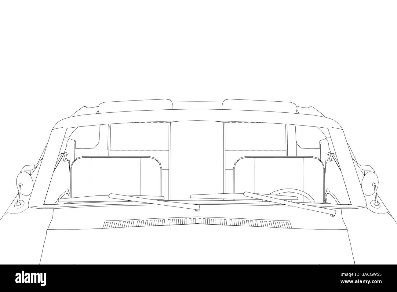 Un'auto con due posti a sedere e un parabrezza. L'auto è bianca e ha una striscia nera. L'auto è parcheggiata su uno sfondo bianco Illustrazione Vettoriale