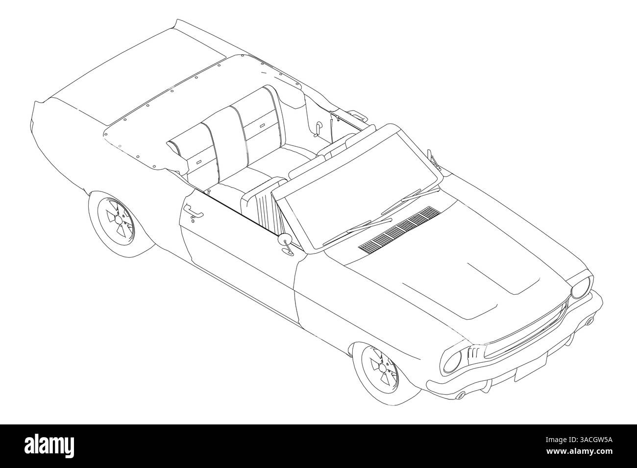 Un disegno in bianco e nero di un'auto con tettuccio apribile. La vettura è una cabriolet e presenta una combinazione di colori in bianco e nero. Vista isometrica Illustrazione Vettoriale