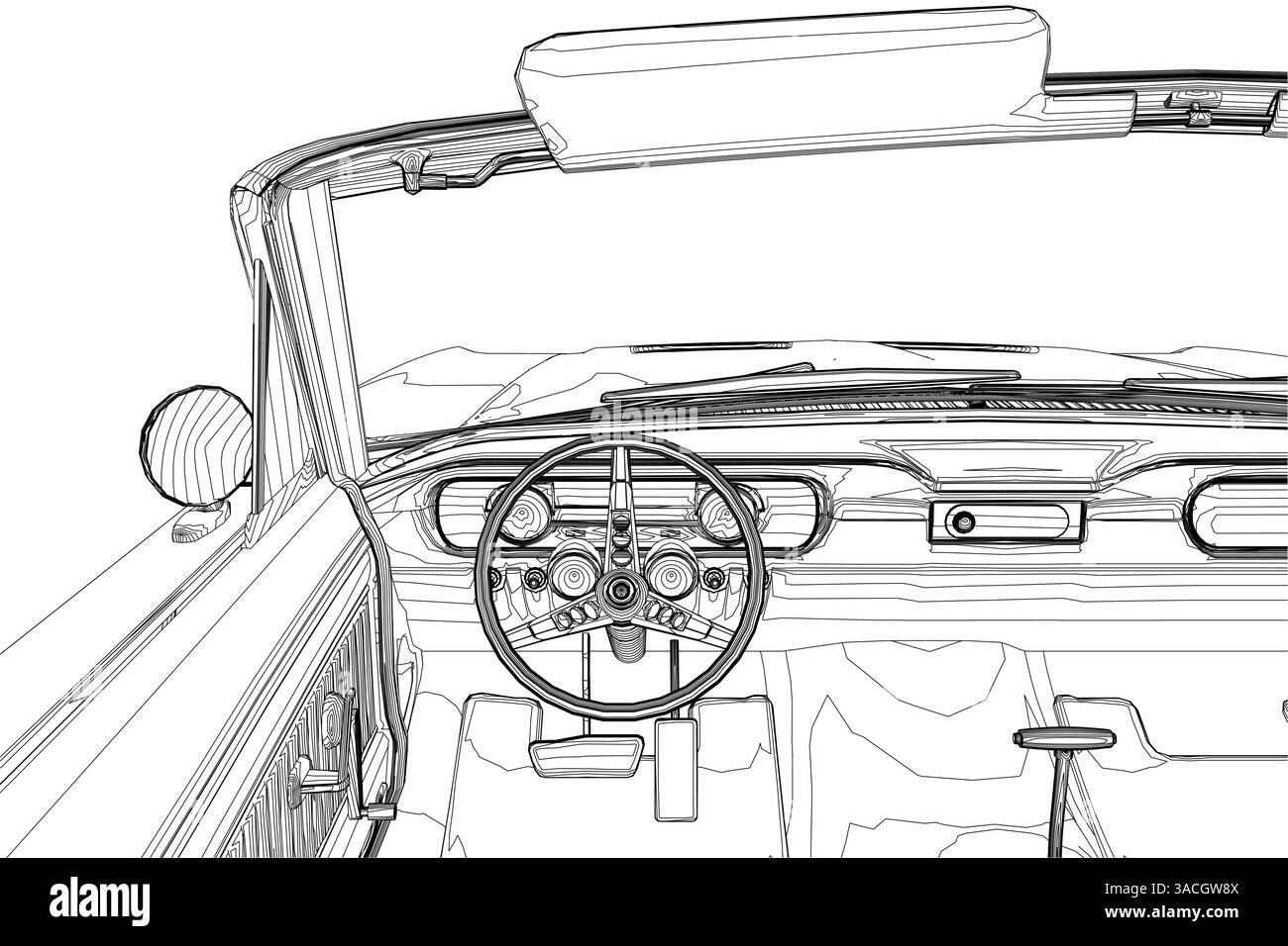 Un'auto con tettuccio apribile e volante. L'auto è un modello classico. La scena è nostalgica e classica Illustrazione Vettoriale