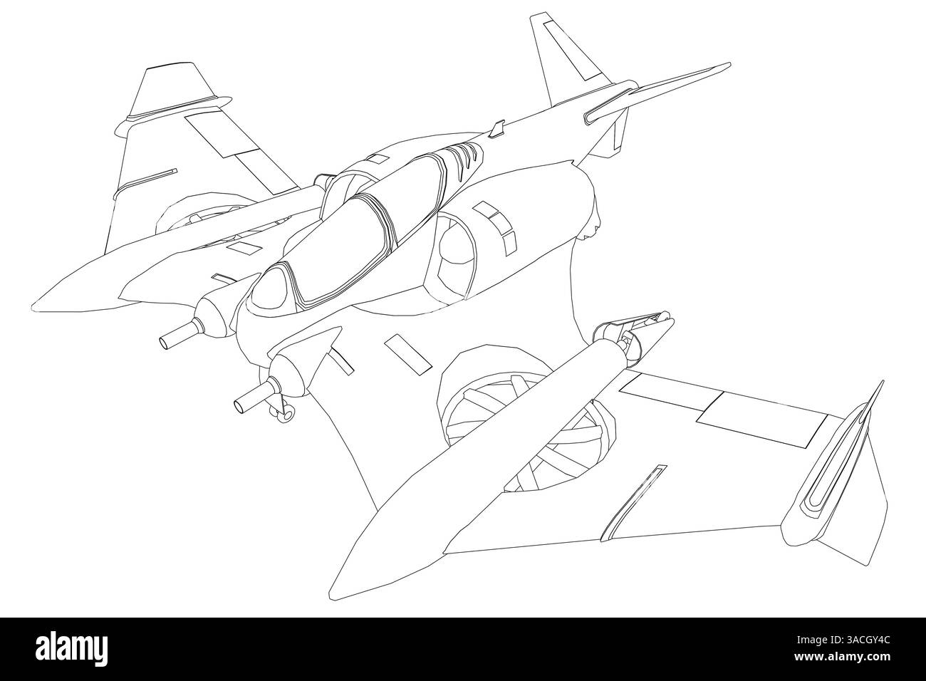 Un disegno in bianco e nero di un jet da caccia. Il jet è un jet da caccia con un'ala grande e una piccola. Il jet è nell'aria e ha una grande propulsore Illustrazione Vettoriale