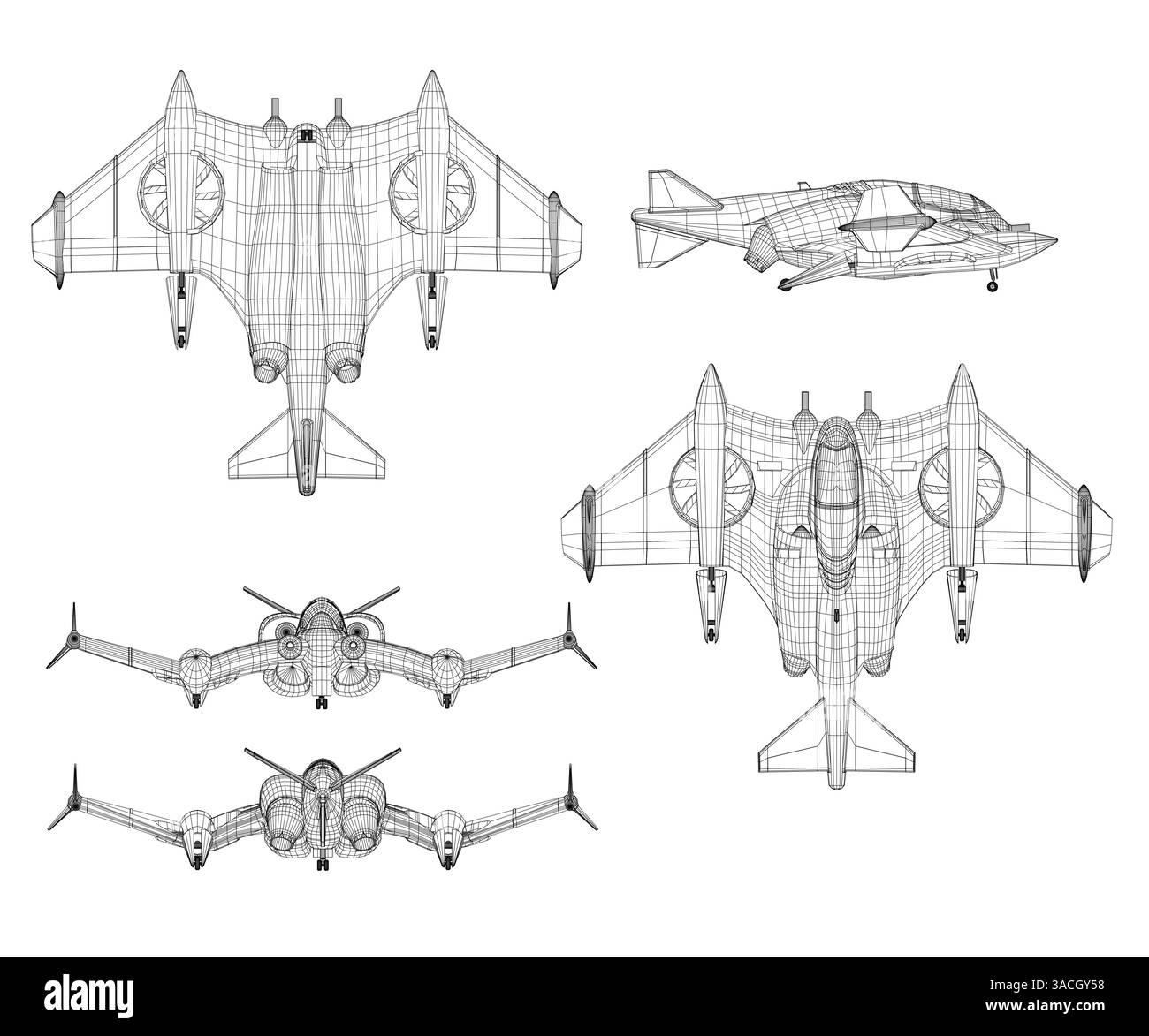 Disegno di un jet da caccia con un'ala laterale. Il disegno è in bianco e nero Illustrazione Vettoriale