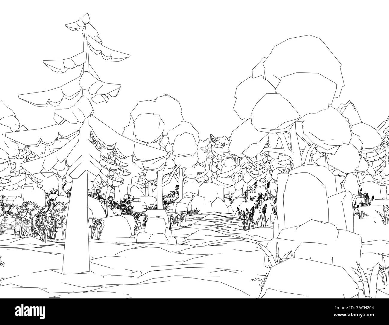 Una tranquilla foresta con un grande albero in primo piano e un sentiero che lo attraversa. Il sentiero è circondato da rocce e alberi, creando una pace Illustrazione Vettoriale